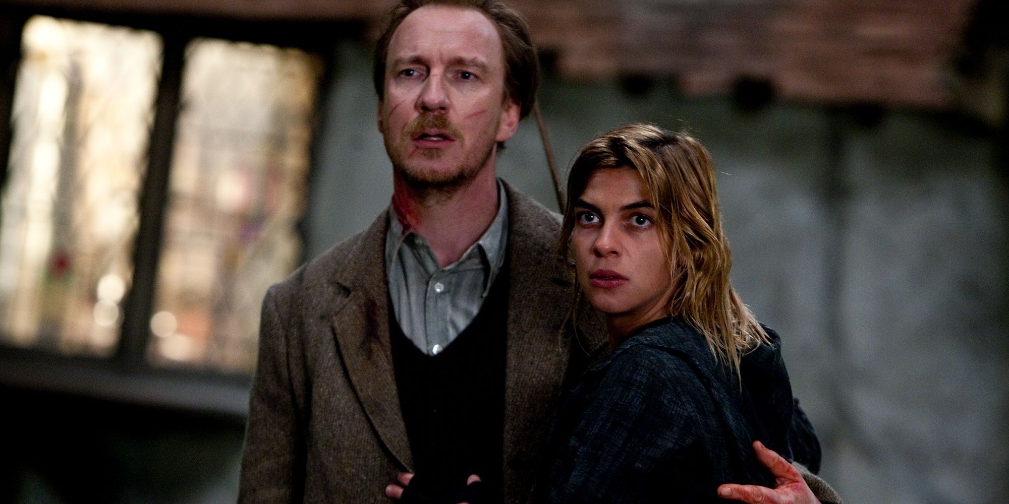 Lupin and Tonks stand outside the burrow in Harry Potter