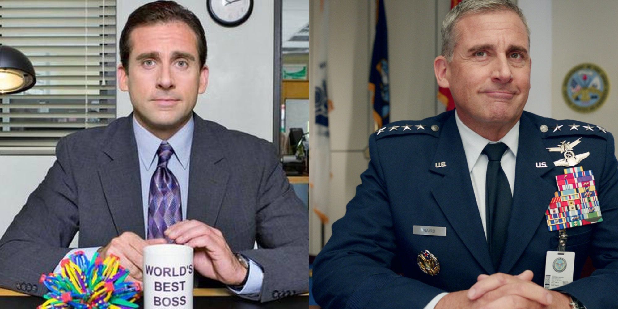 Split image of Michael Scott (The Office) and Mark Naird (Space Force) 