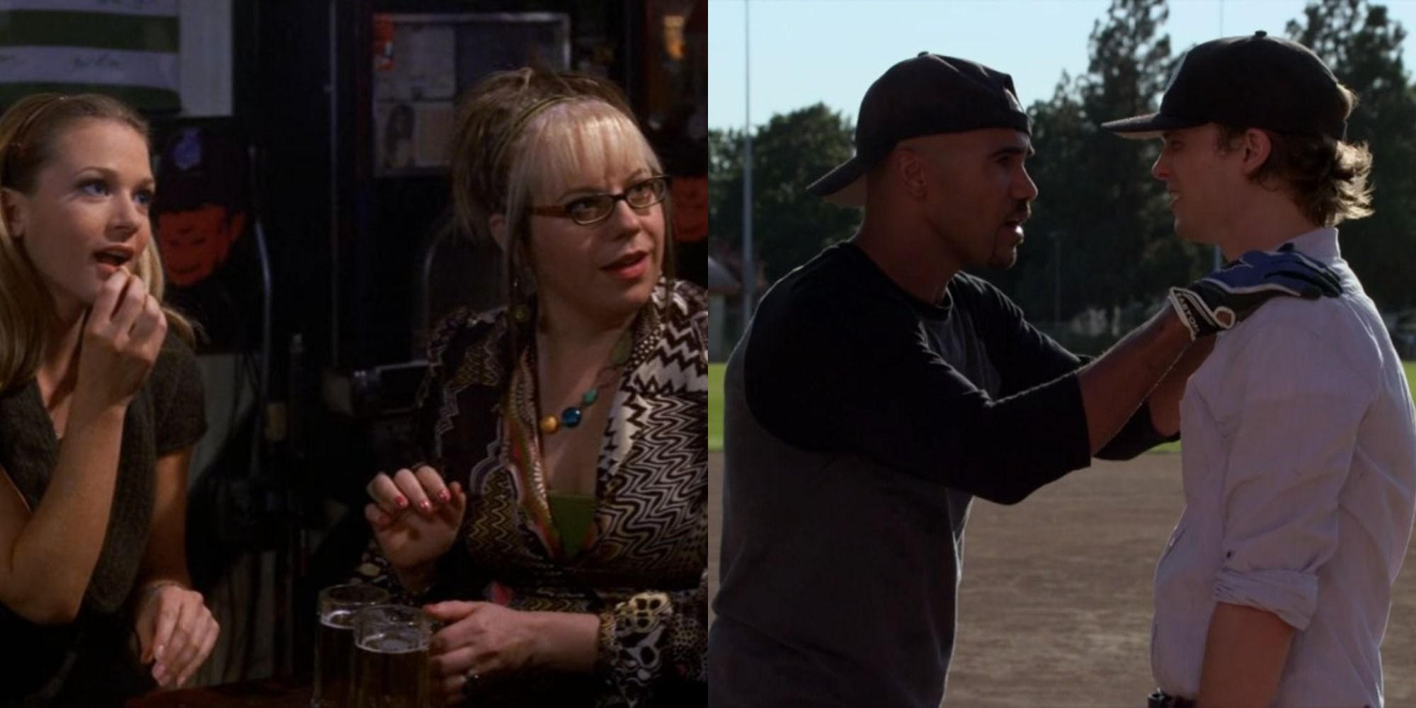 Split Image: right image is of JJ and Penelope Garcia sitting together; left image of Morgan and Reid on a baseball field