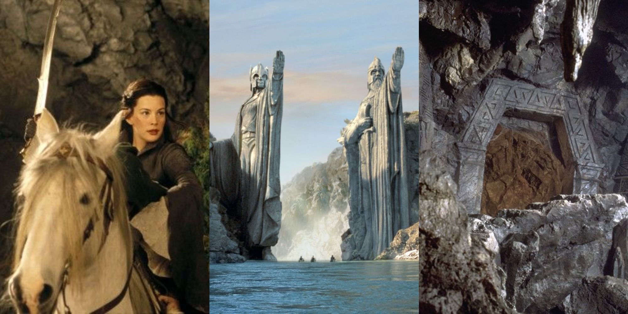Split Image: Arwen on a horse with a sword; Theoden in armor; a set of doors in the Mines of Moria