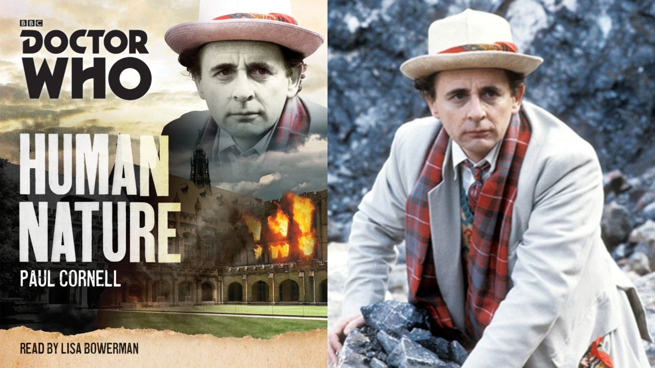 Split Image: "Human Nature" book cover; on the right is Sylvester McCoy as the Seventh Doctor surrounded by rocks looking right