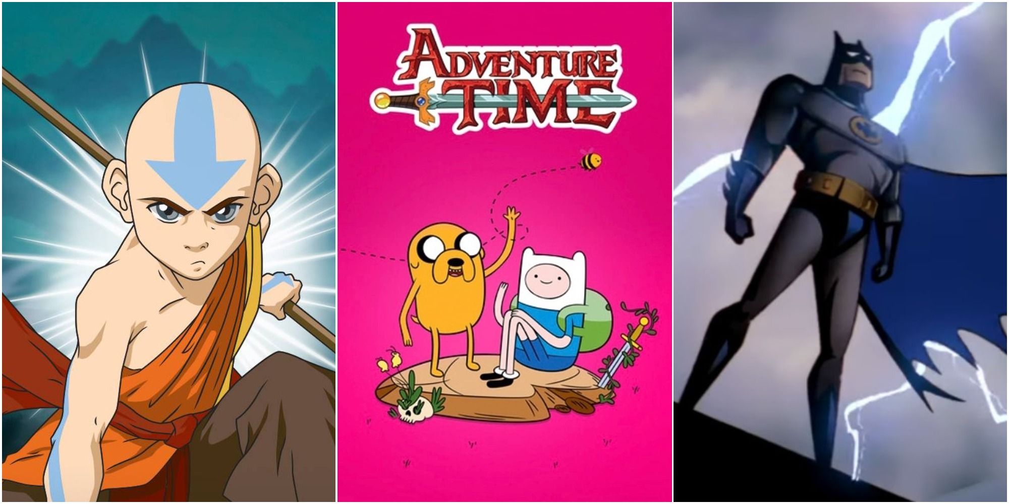 Collage of animated shows loved by parents and kids, Avatar the last airbender, adventure time, batman: the animated series