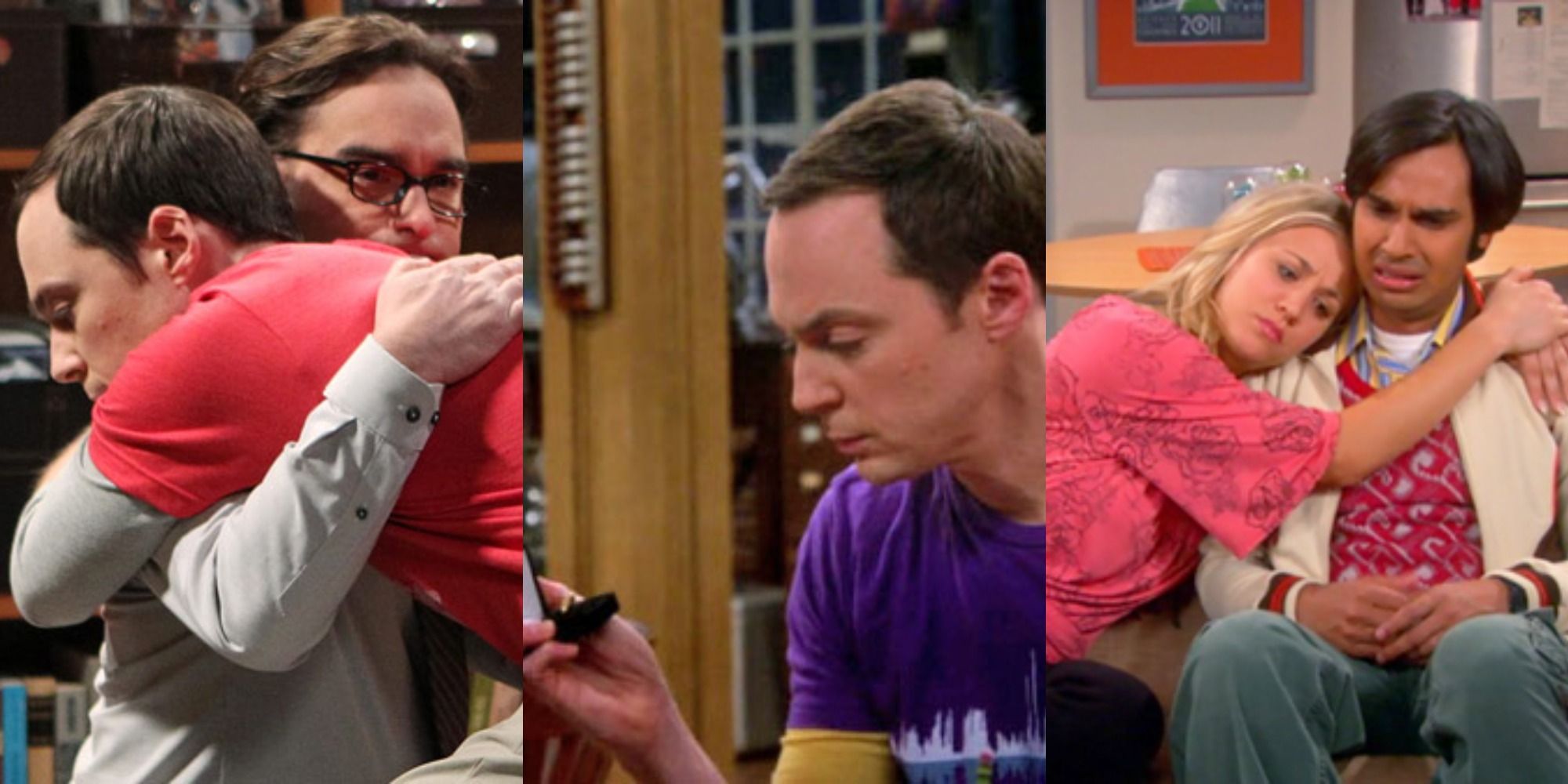 Sheldon, Leonard, Penny and Raj hugging from The Big Bang Theory