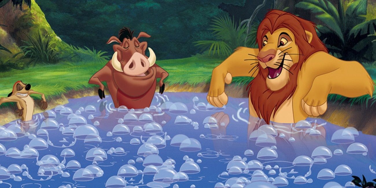 Simba, Timon and Pumbaa enjoying a bubble bath - for now - in 'Lion King 1 1/2'