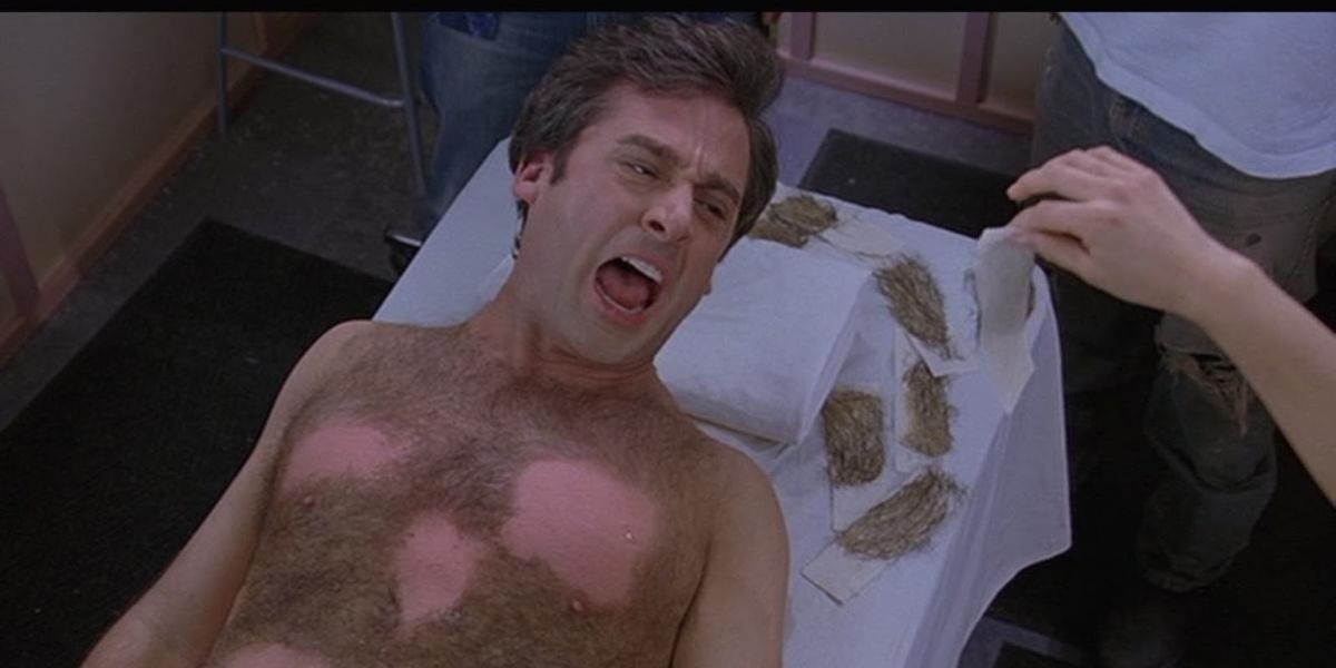 Steve Carell as Andy screaming as he gets his chest hair removed in The 40-Year-Old Virgin