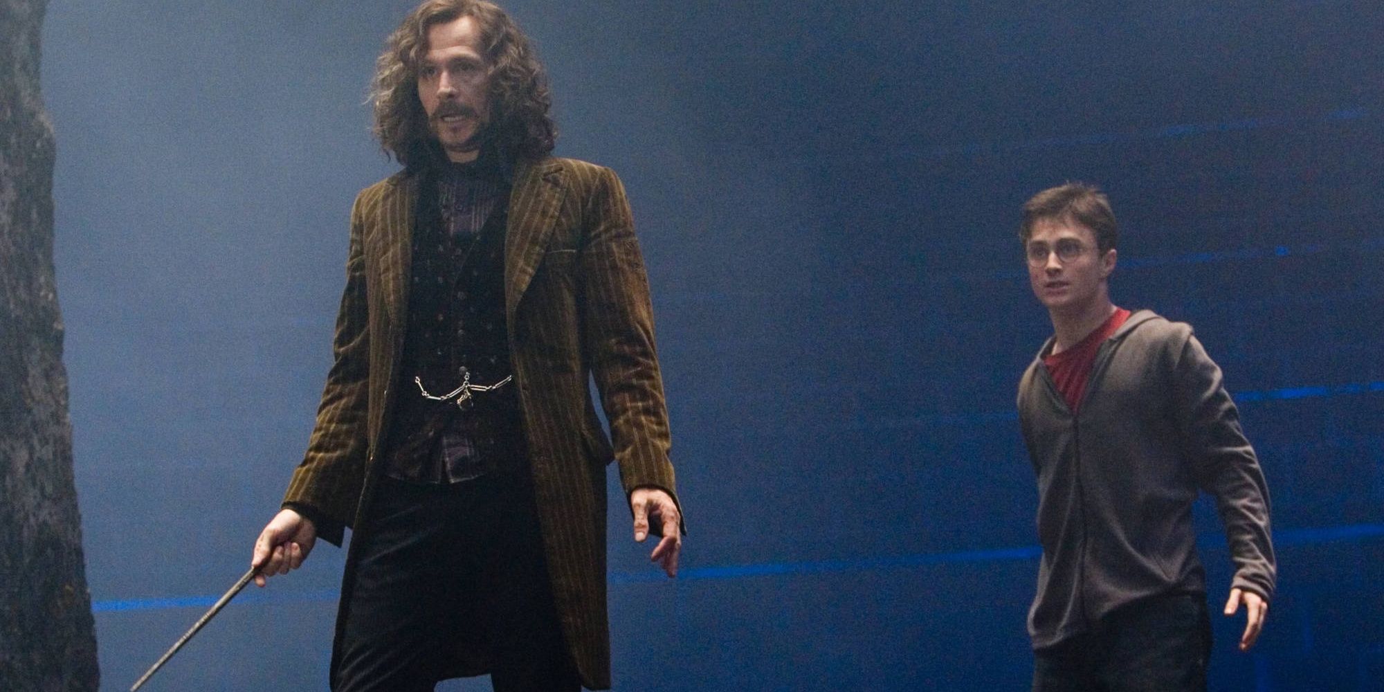sirius black and harry potter stood next to each other holding their wands