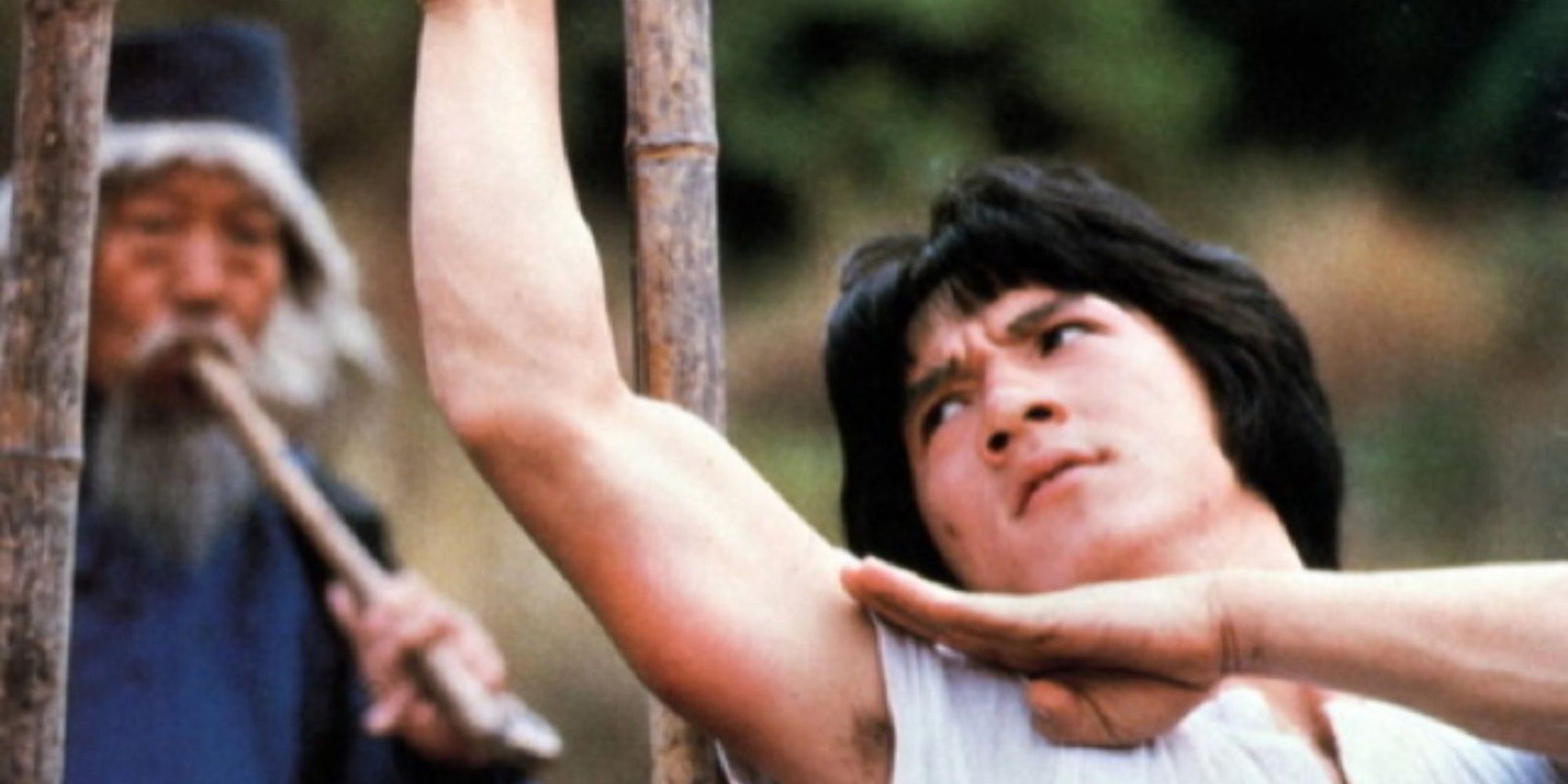 Jackie Chan as Chien Fu being trained in Snake style by Yuen Siu-tien's Pai in Snake in the Eagle's Shadow