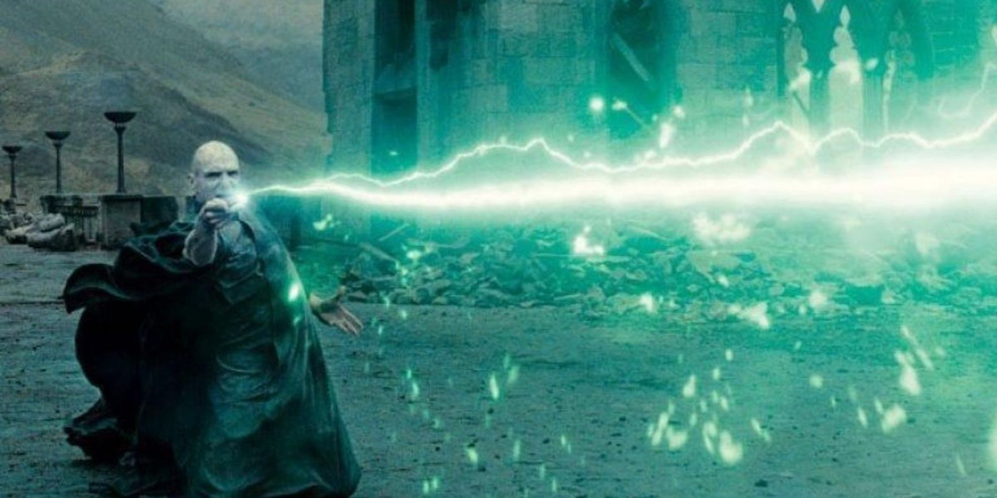 The evil Lord Voldemort (Ralph Fiennes) casts "Avada Kedavra", seeing a terrible green stream erupt from the end of his wand.