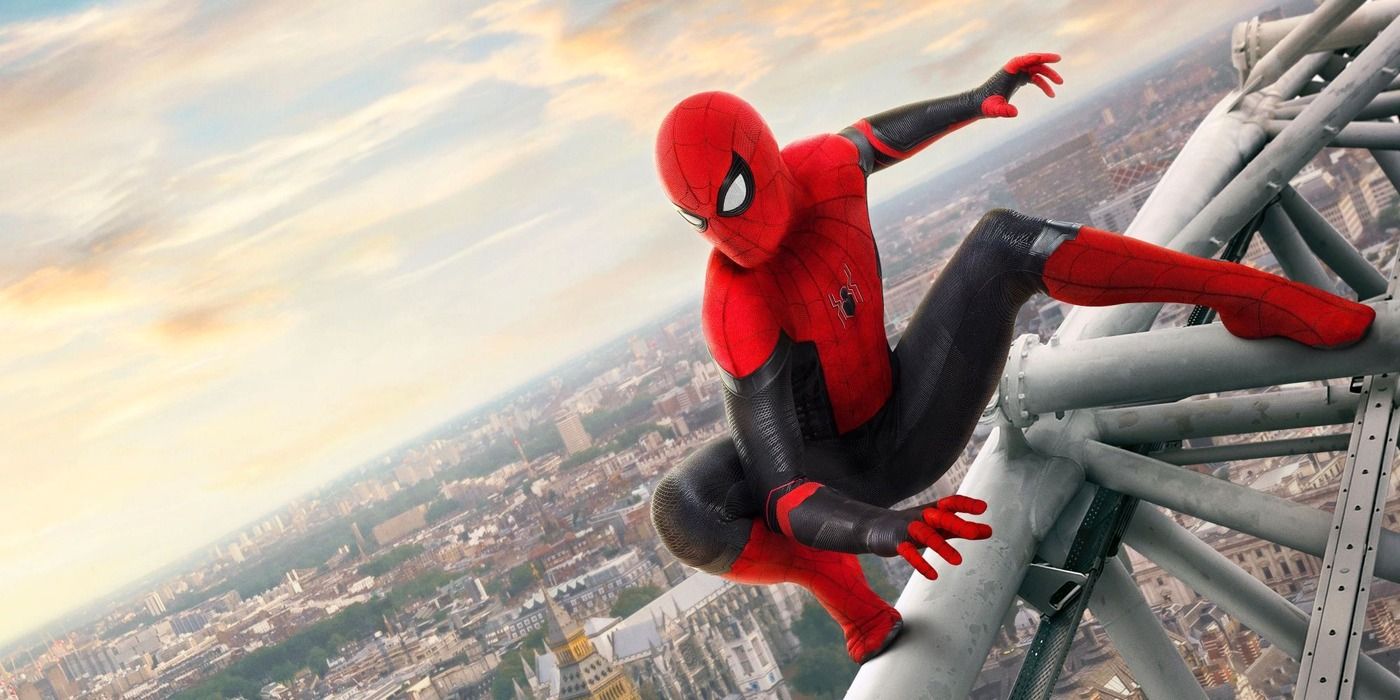 Spider-Man atop a structure in Spider-Man: Far From Home