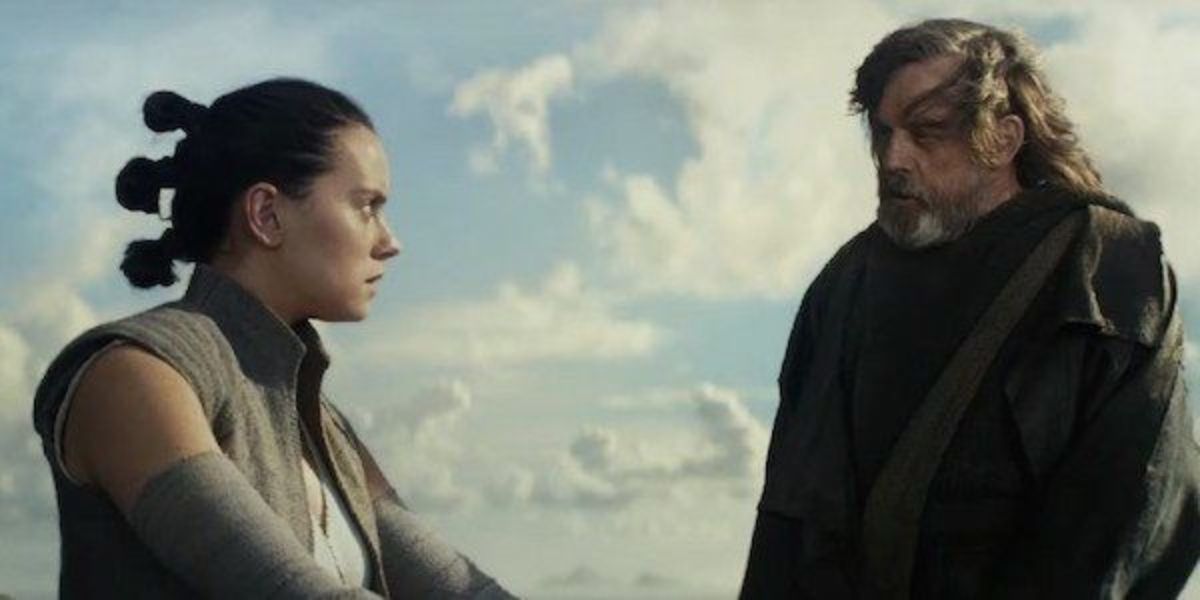 Daisy Ridley as Rey and Mark Hamill as Luke Skywalker in The Last Jedi