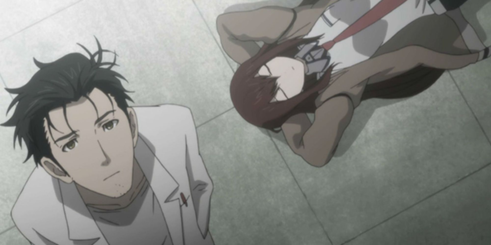 A man stares up to the sky while a woman lies on the ground resting in Steinsgate.