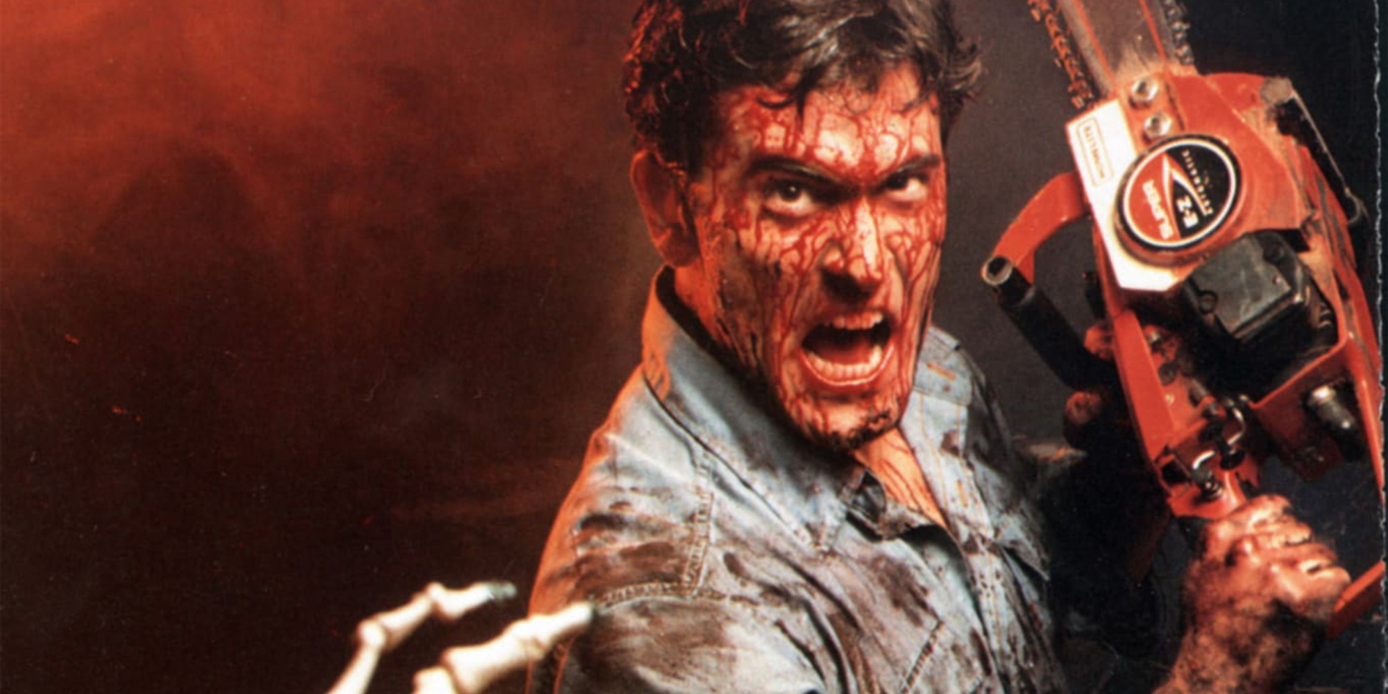 theevildead ash williams wields a chainsaw as a deadite attacks him