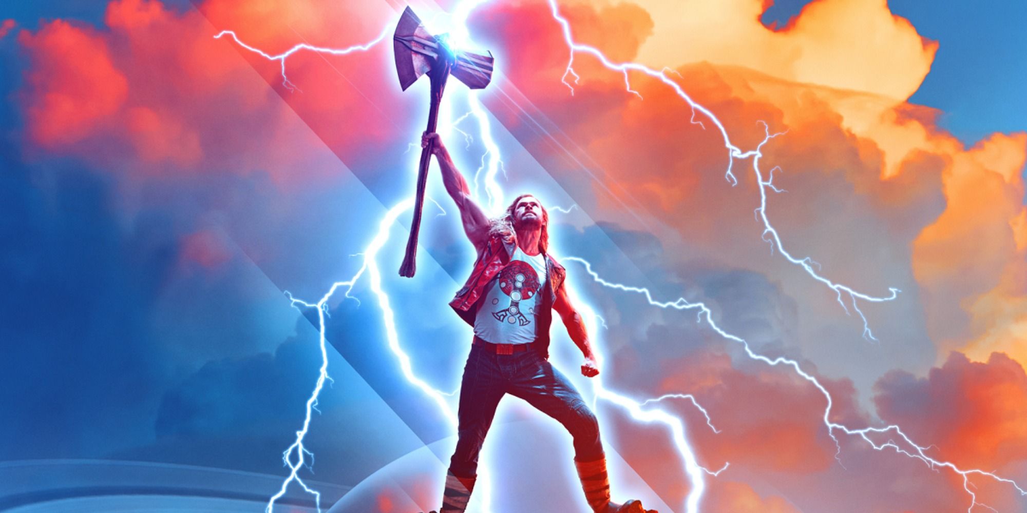 Thor standing and wielding Stormbreaker up to the sky with lightning surrounding him