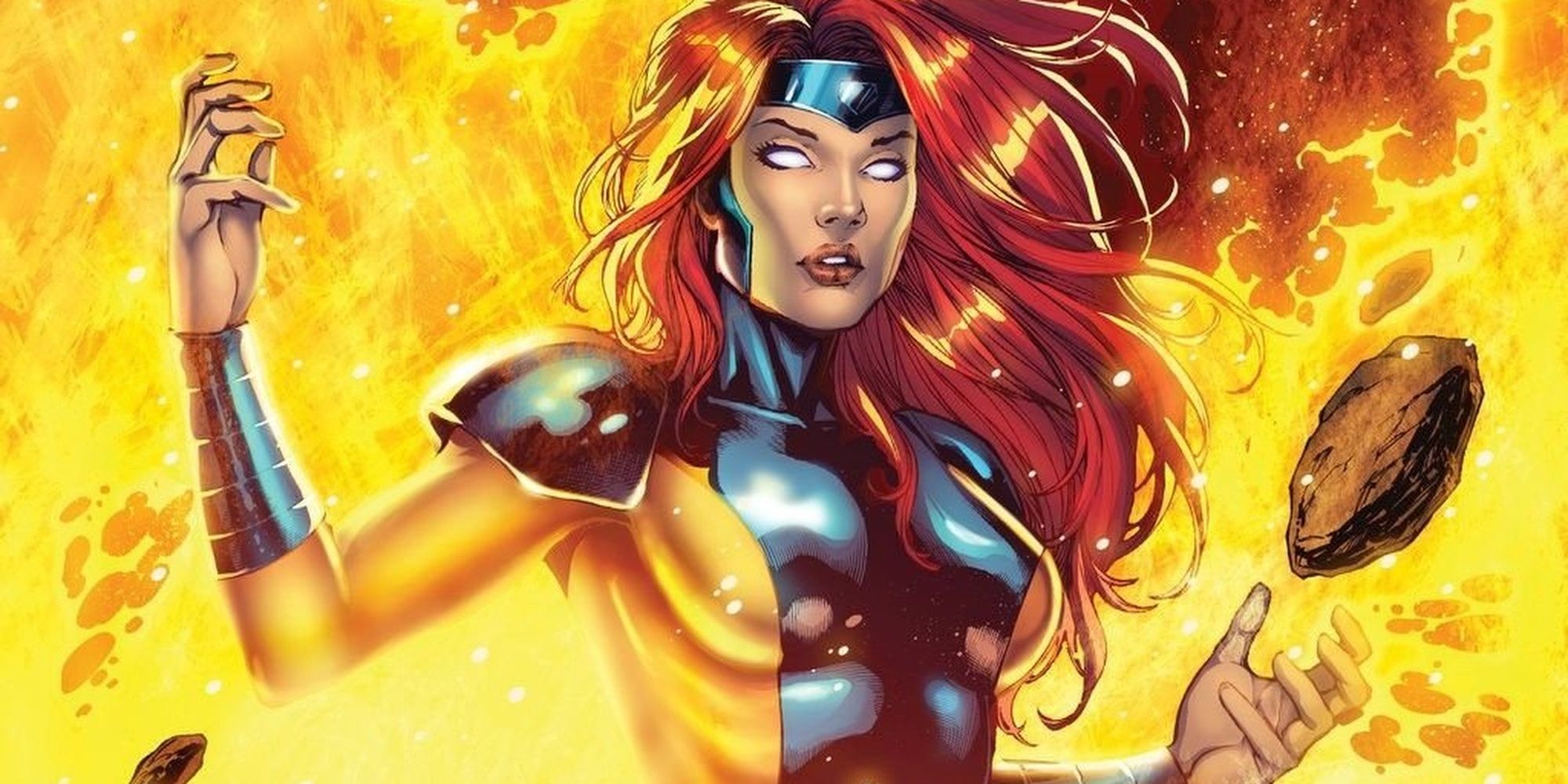 Jean Grey harnessing her mutant power and levitating a rock against a background of fire. 