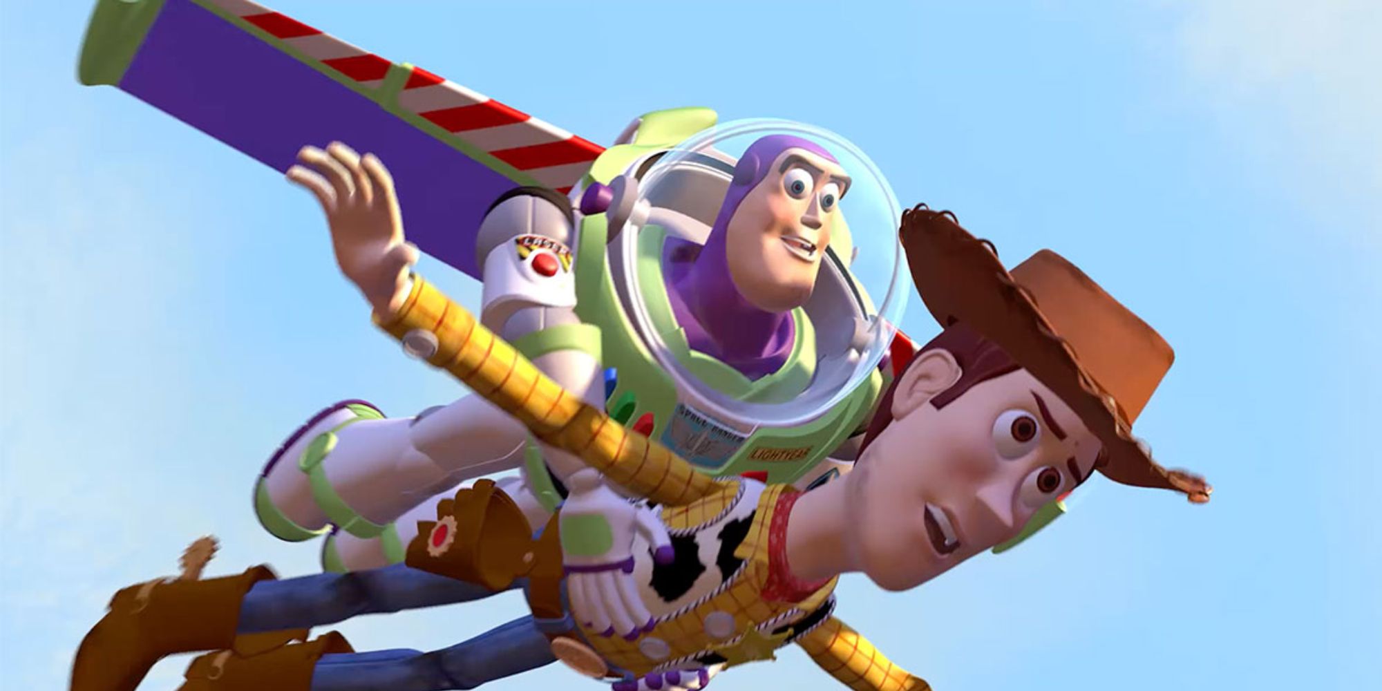 Buzz Lightyear voiced by Tim Allen carrying Woody voiced by Tom Hanks soaring through the sky from Toy Story