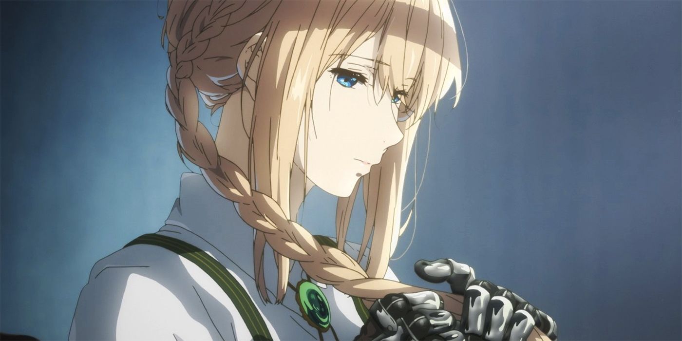 A young woman looking down in Violet Evergarden