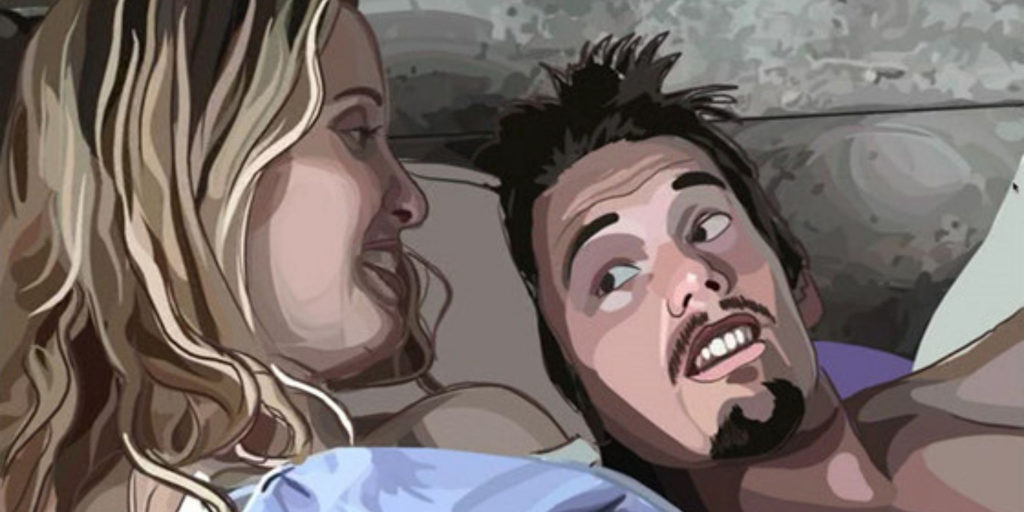 Jesse and Celine laying in bed in the animated film 'Waking Life'.