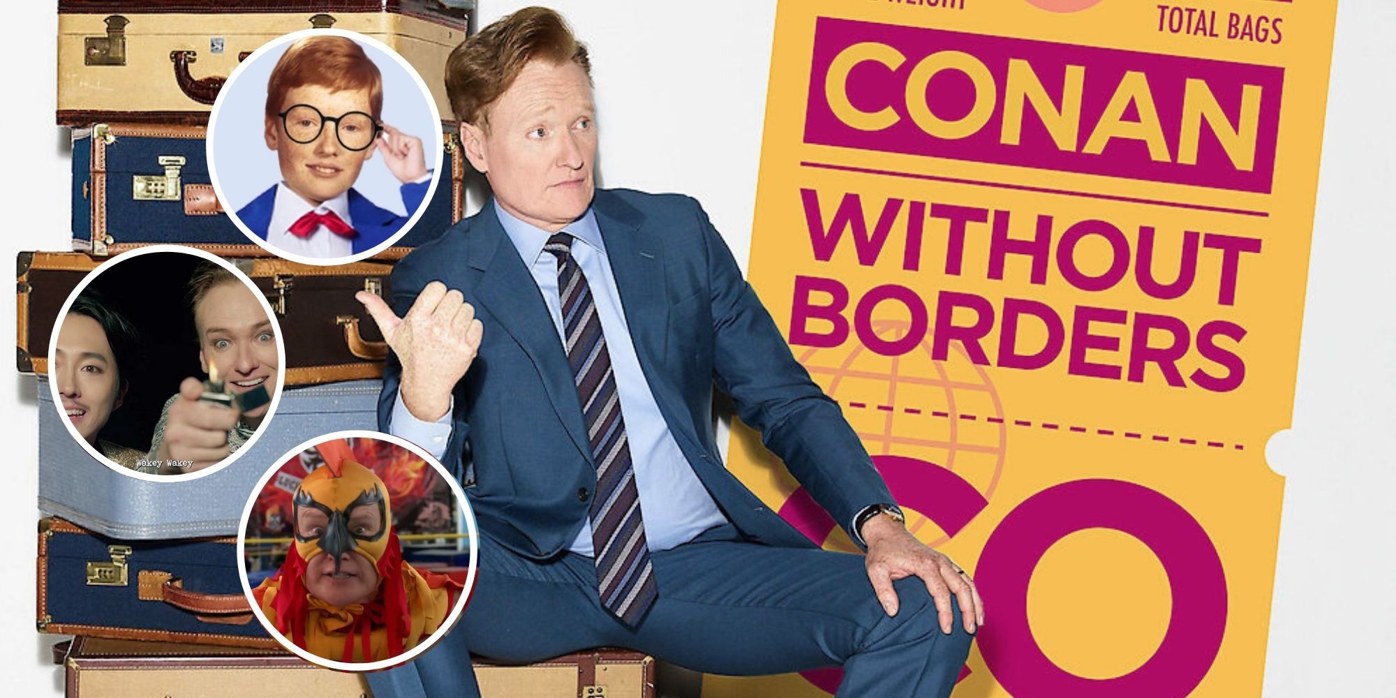 Conan Without Borders Promotional Poster with a few circle frames of Conan O'Brien's funny faces