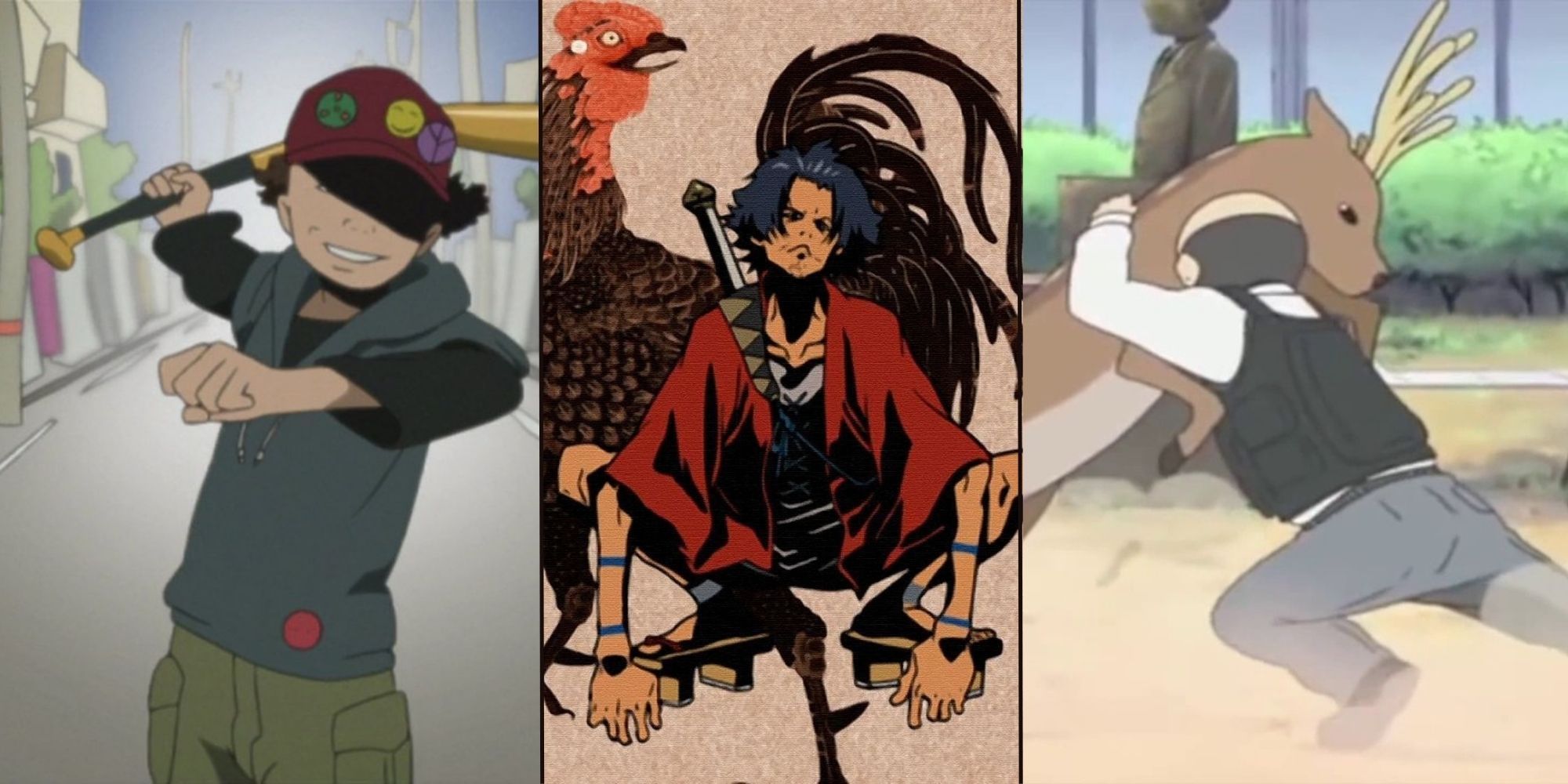 A collage of Paranoia Agent, Samurai Champloo and Nichijou