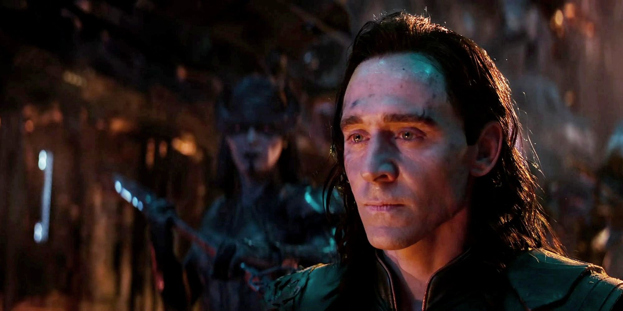 Tom Hiddleston's Loki looking at Thor in Avengers: Infinity War