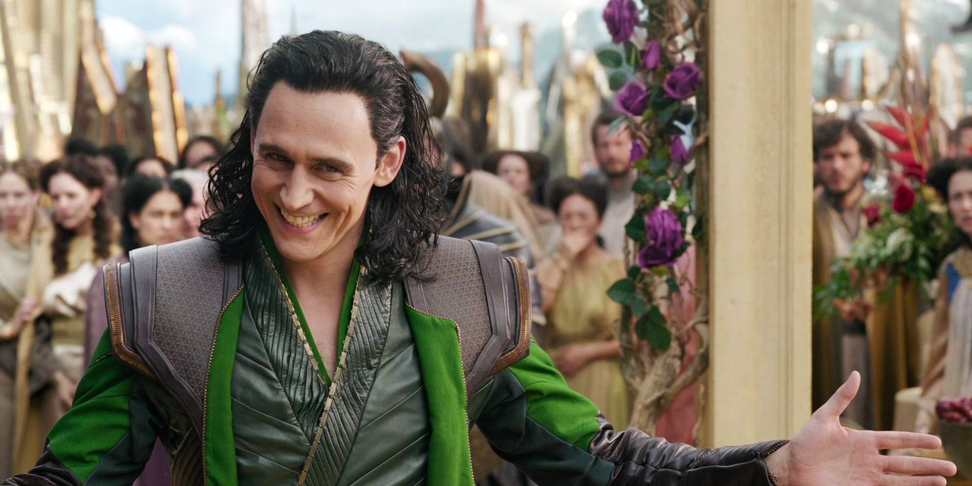 Loki smiling mischievously after pretending to be Odin in Thor: Ragnarok