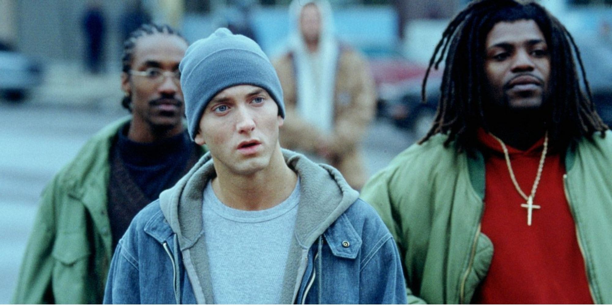 Eminem playing Jimmy with Mekhi Phifer as Future standing next to each other on the street in 8 Mile