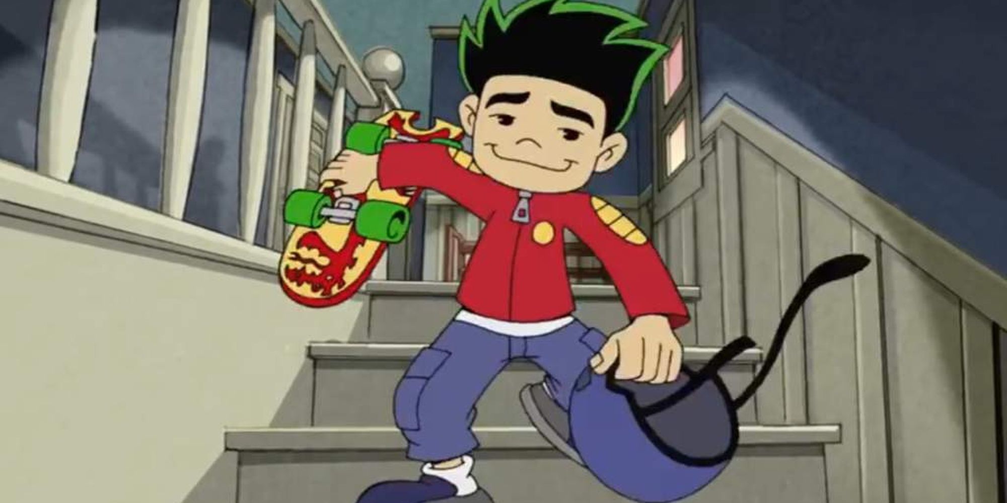 Jake Long heading out of his house with his skating gear.