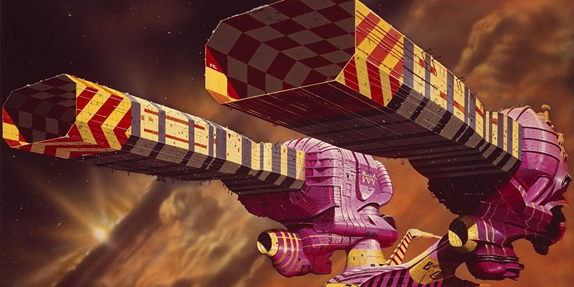 A colorful ship from Jodorowskys Dune flying through space