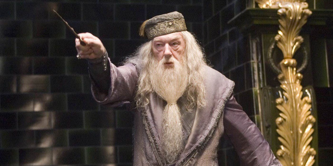 Albus Dumbledore (Michael Gambon) pointing his wand in Harry Potter