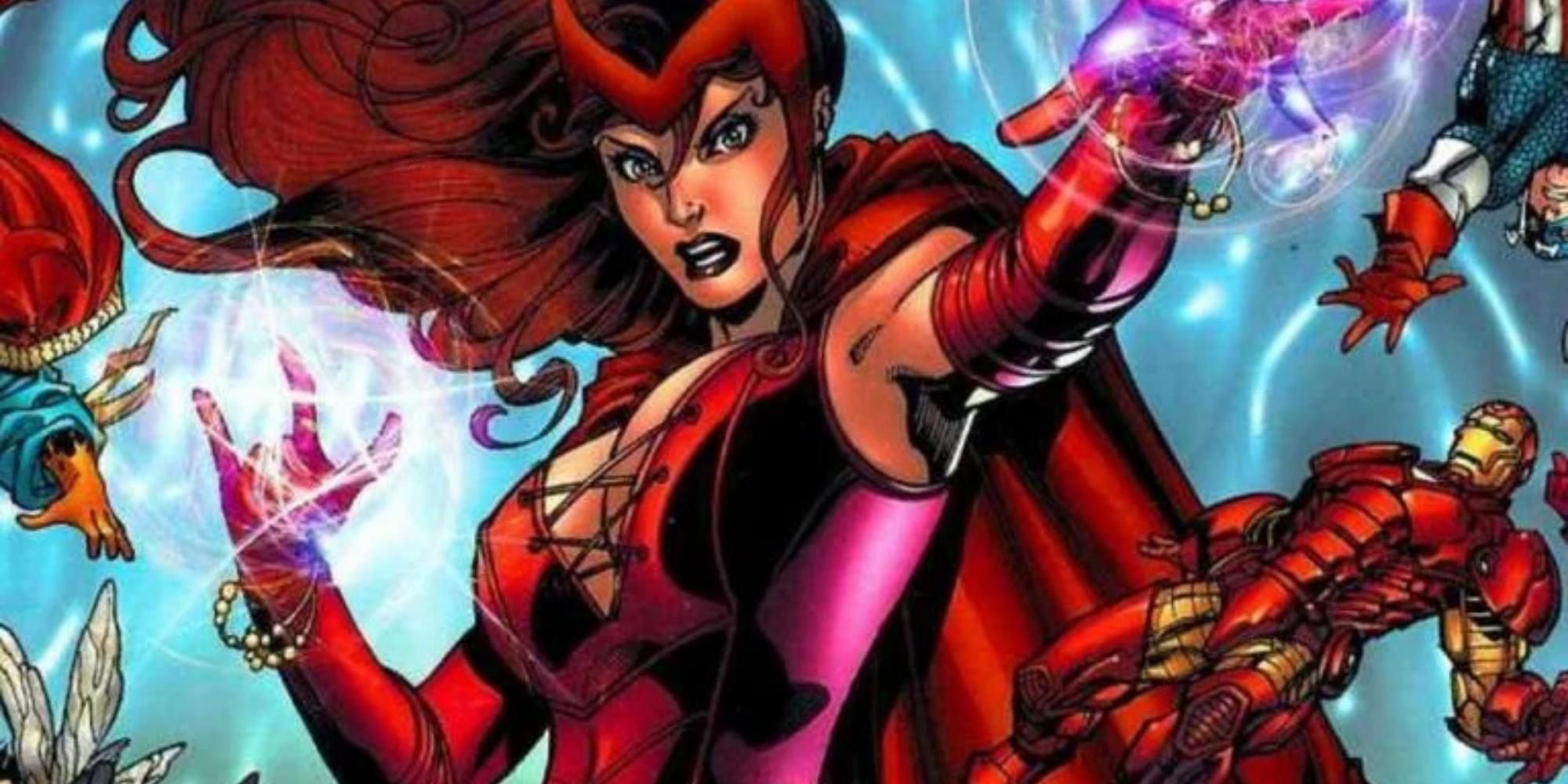 Scarlet Witch surrounding by Avengers.