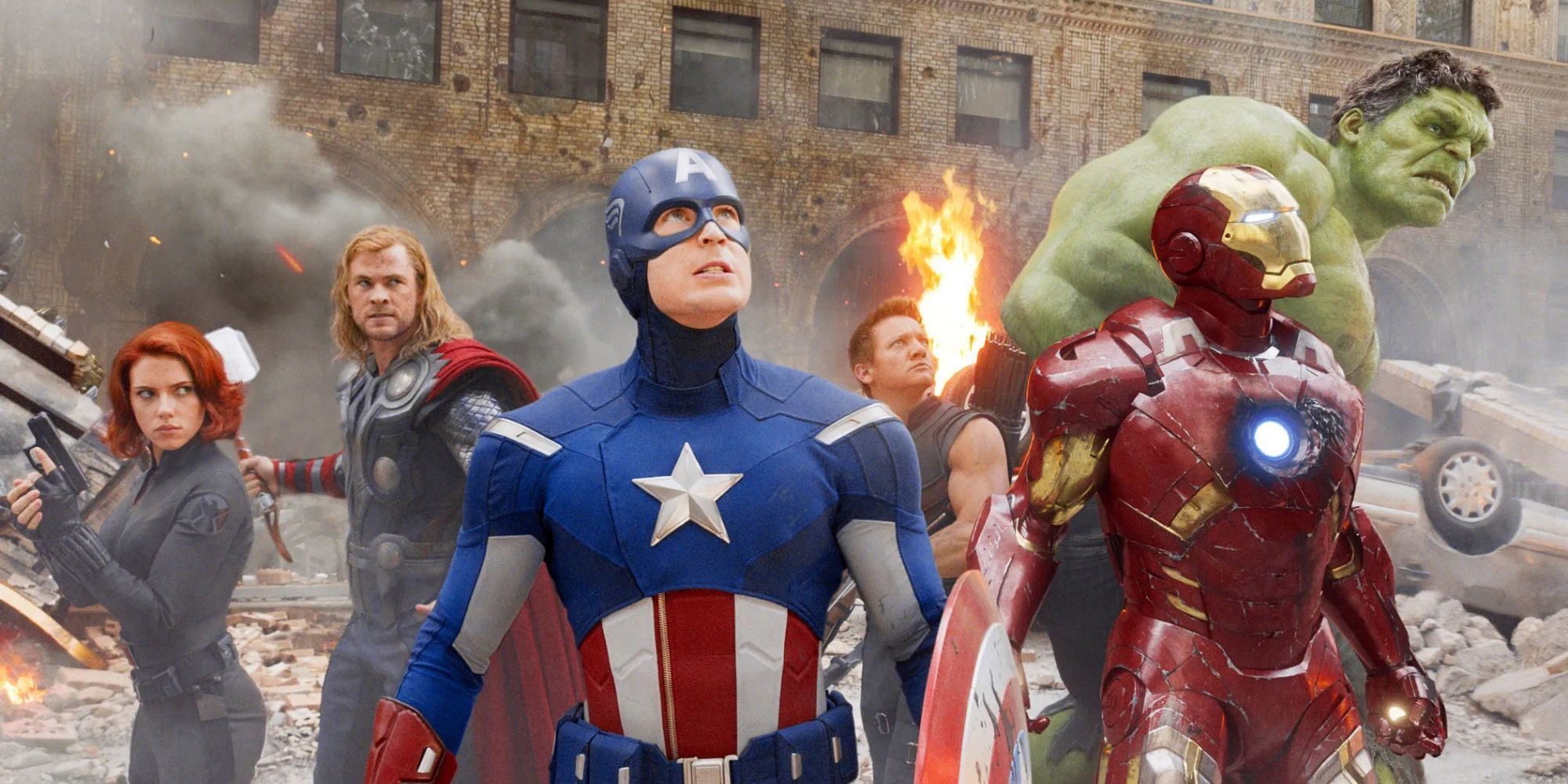 The Avengers standing in a circle in the Battle of New York