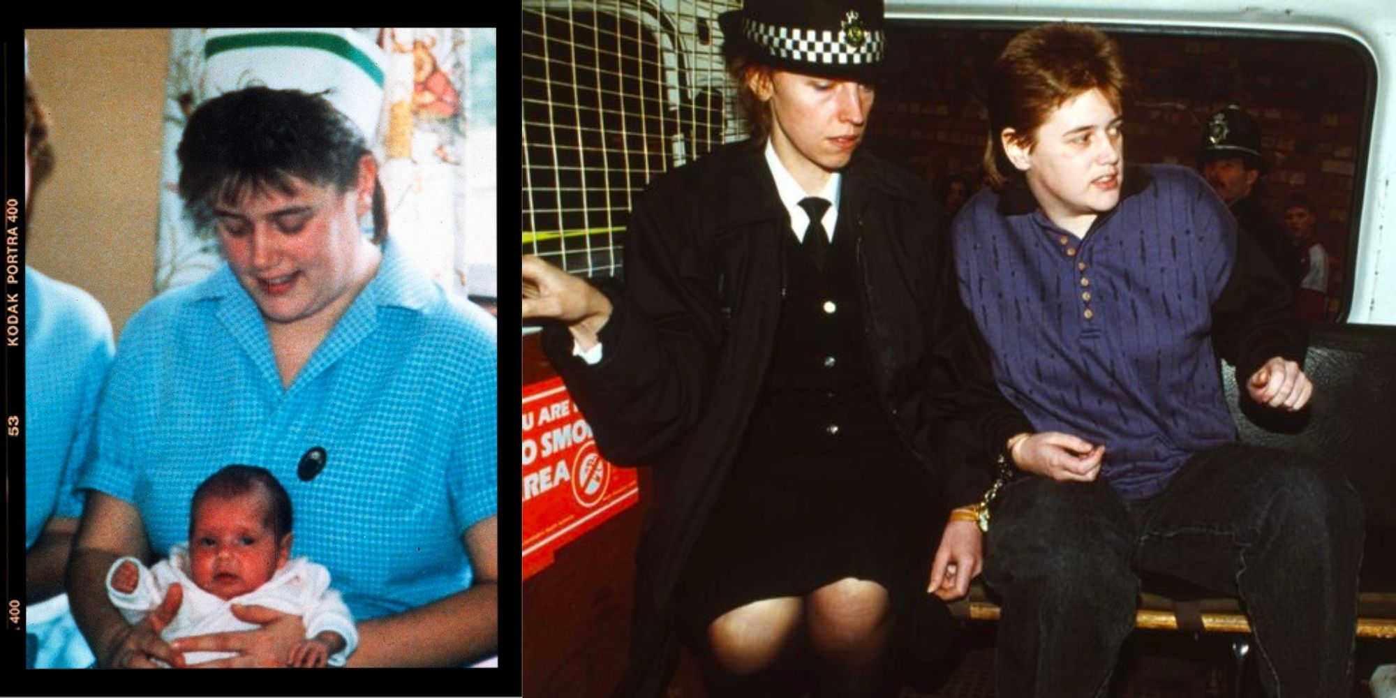 Beverley Allitt British Serial Killer in nursing uniform holding baby and under arrest in police van