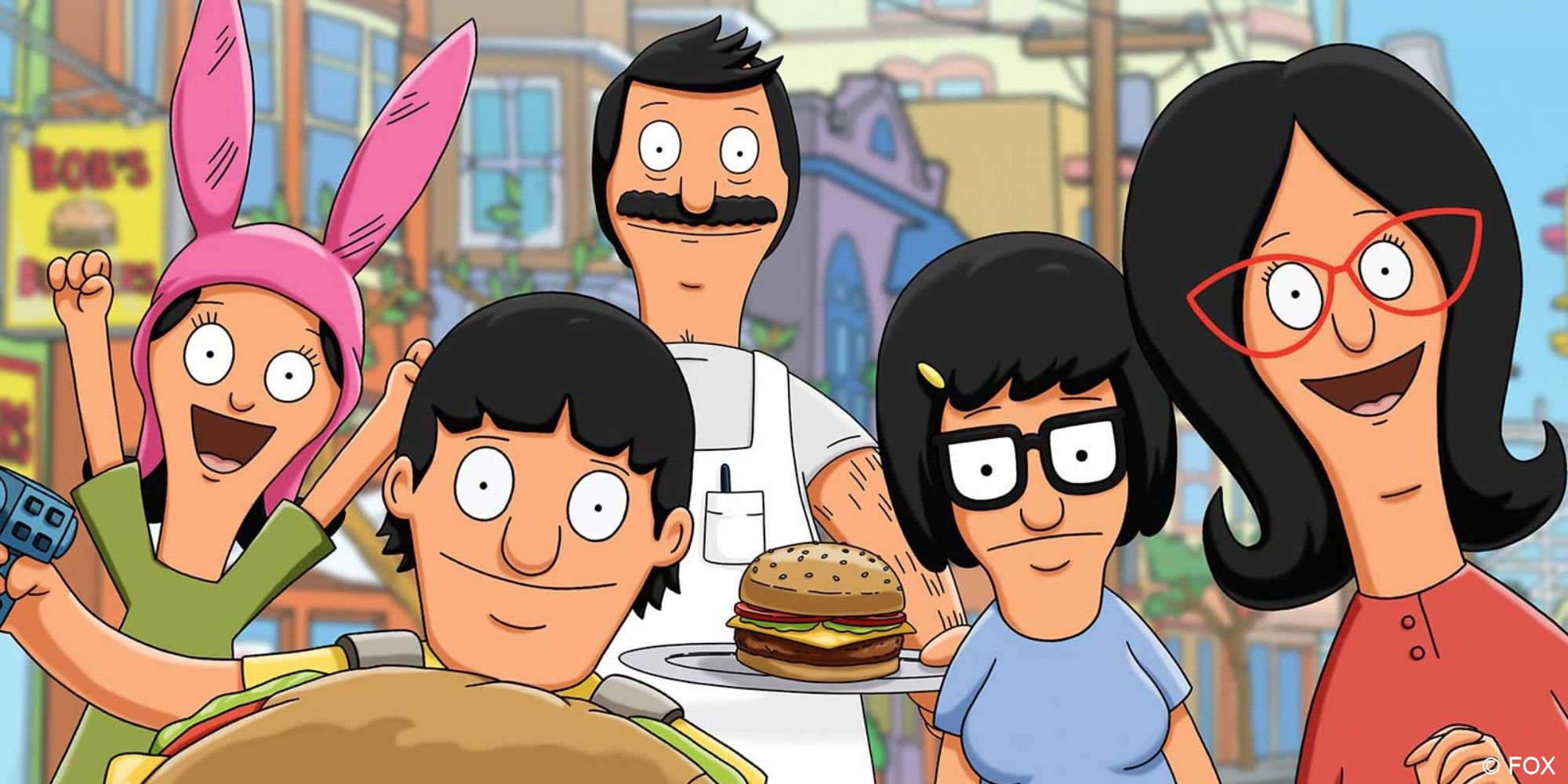 Bobs Burgers_Family looking at camera as Bob offers a burger