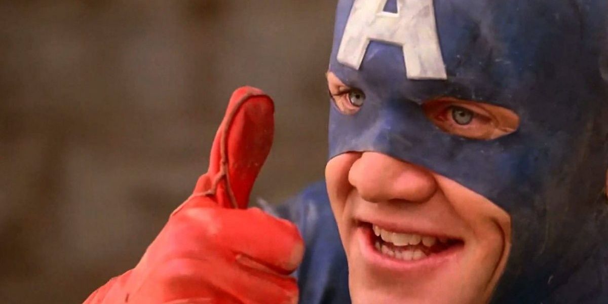 Matt Sallinger as Captain America giving the thumbs up in the 1990 film 'Captain America'.