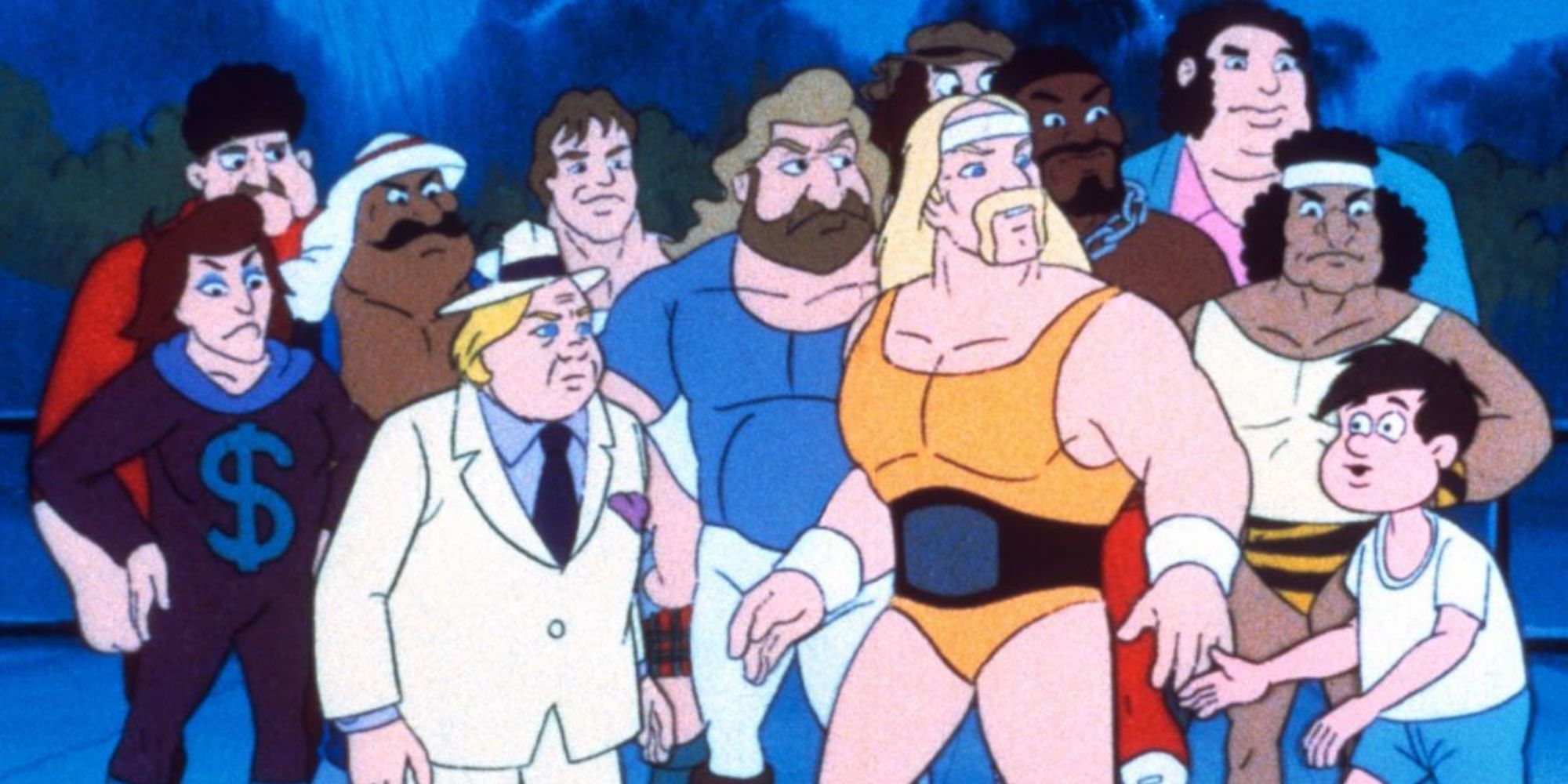 Cartoon Hulk Hogan with his wrestling friends and enemies.