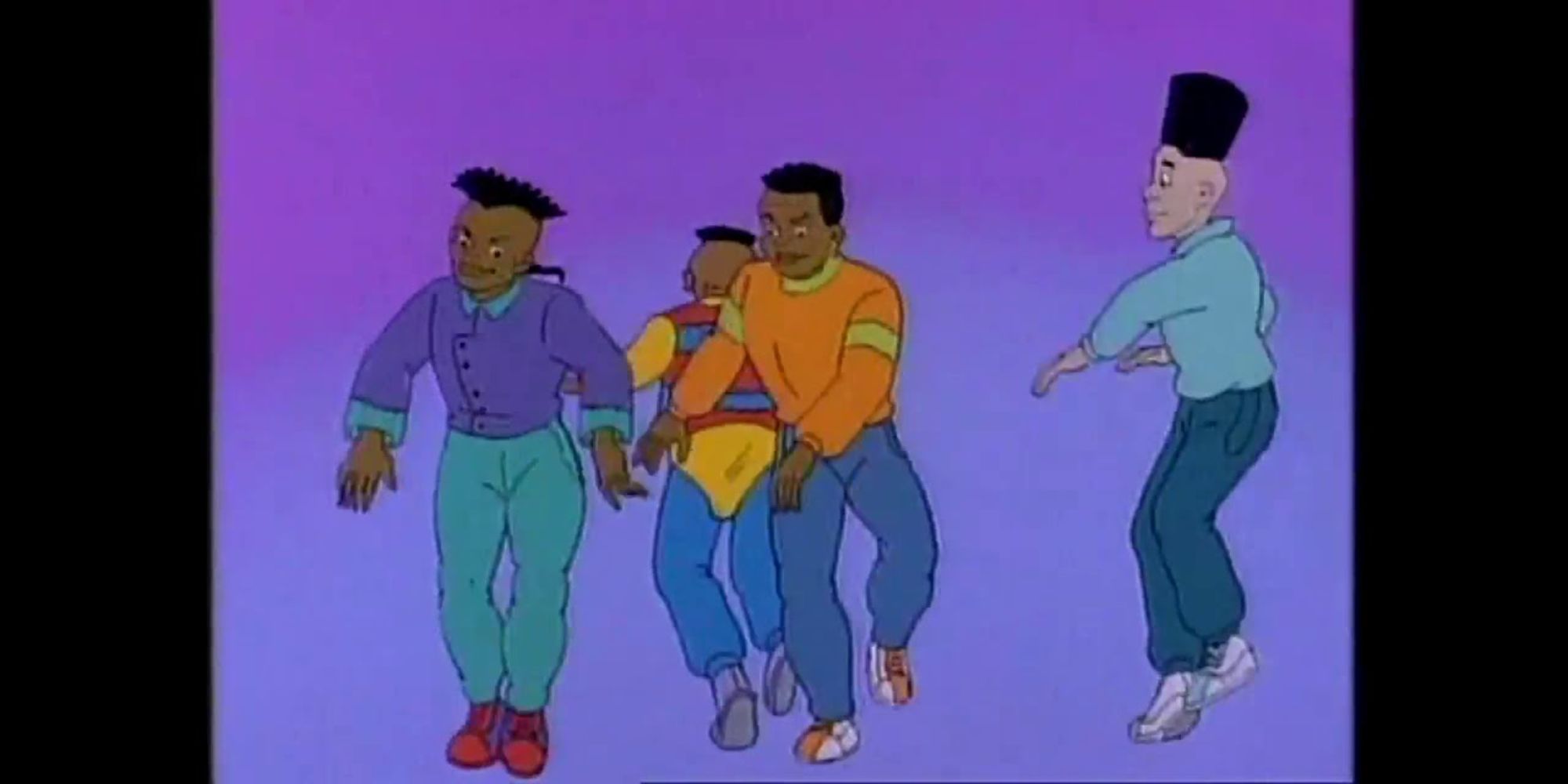 Cartoon Kid n Play dancing with two other people.