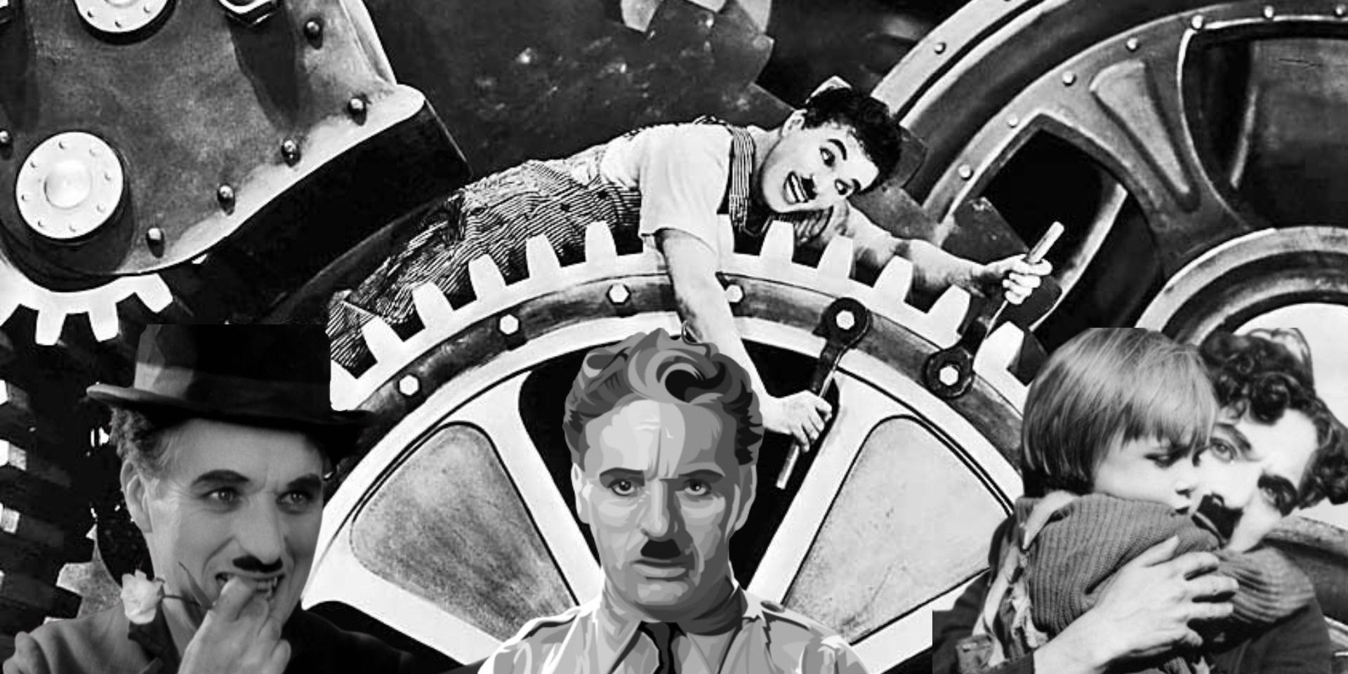 collage of stills of Charles Chaplin in Modern Times, City Lights, The Great Dictator, and The Kid