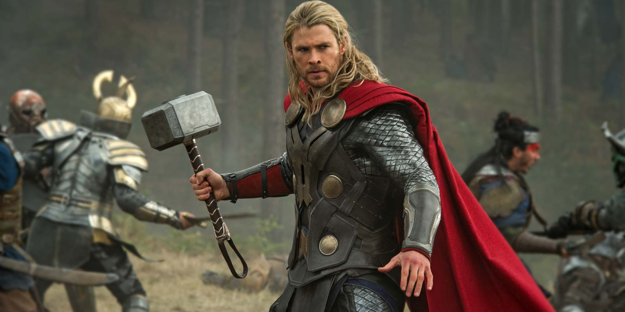 Thor wielding his hammer in battle in Thor: The Dark World.