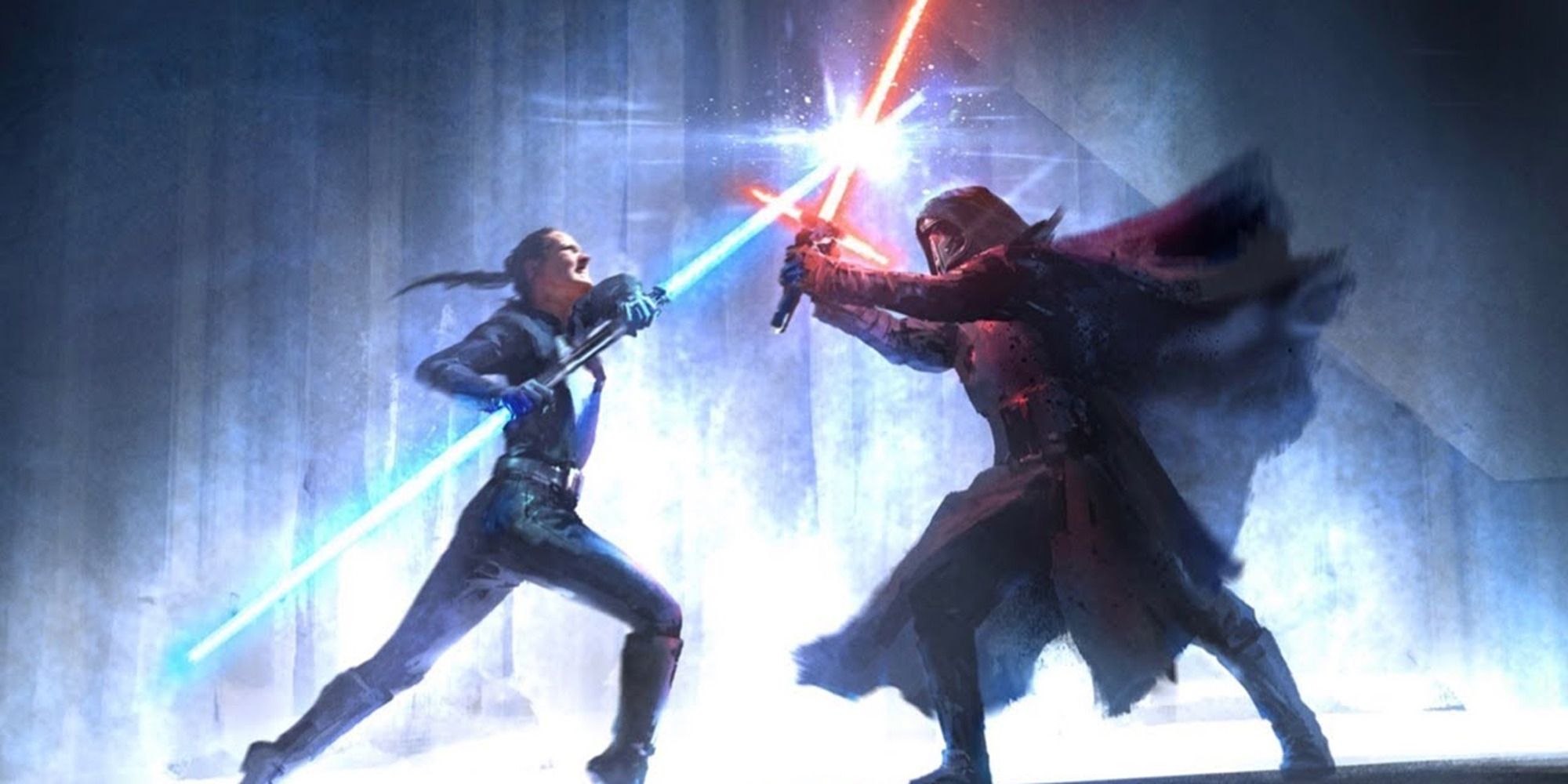 Concept art for Colin Trevorrows Duel of the Fates, with Rey fighting Kylo with lightsabers