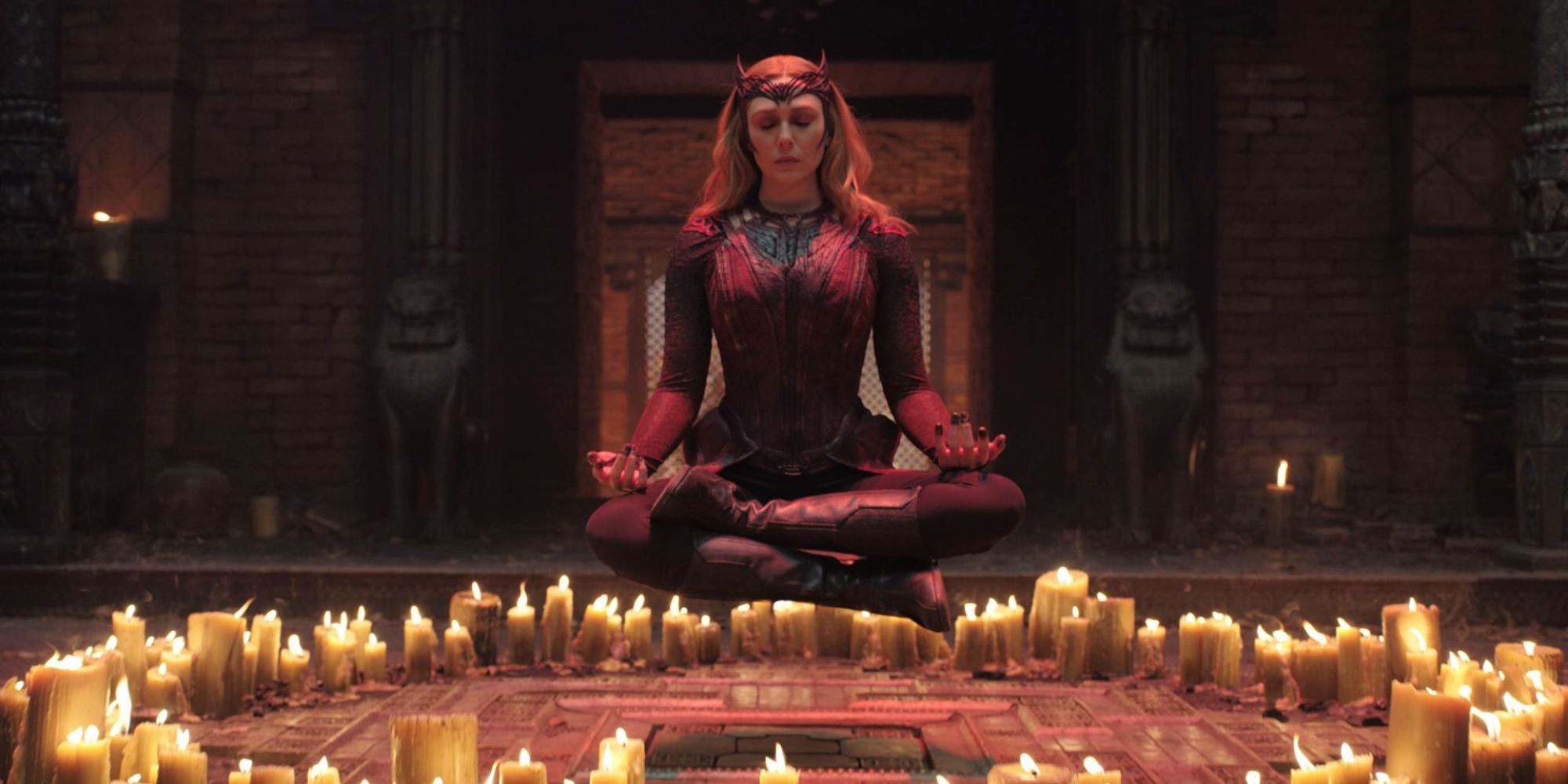 Scarlet Witch hovering in the lotus position in Doctor Strange: in The Multiverse of Madness