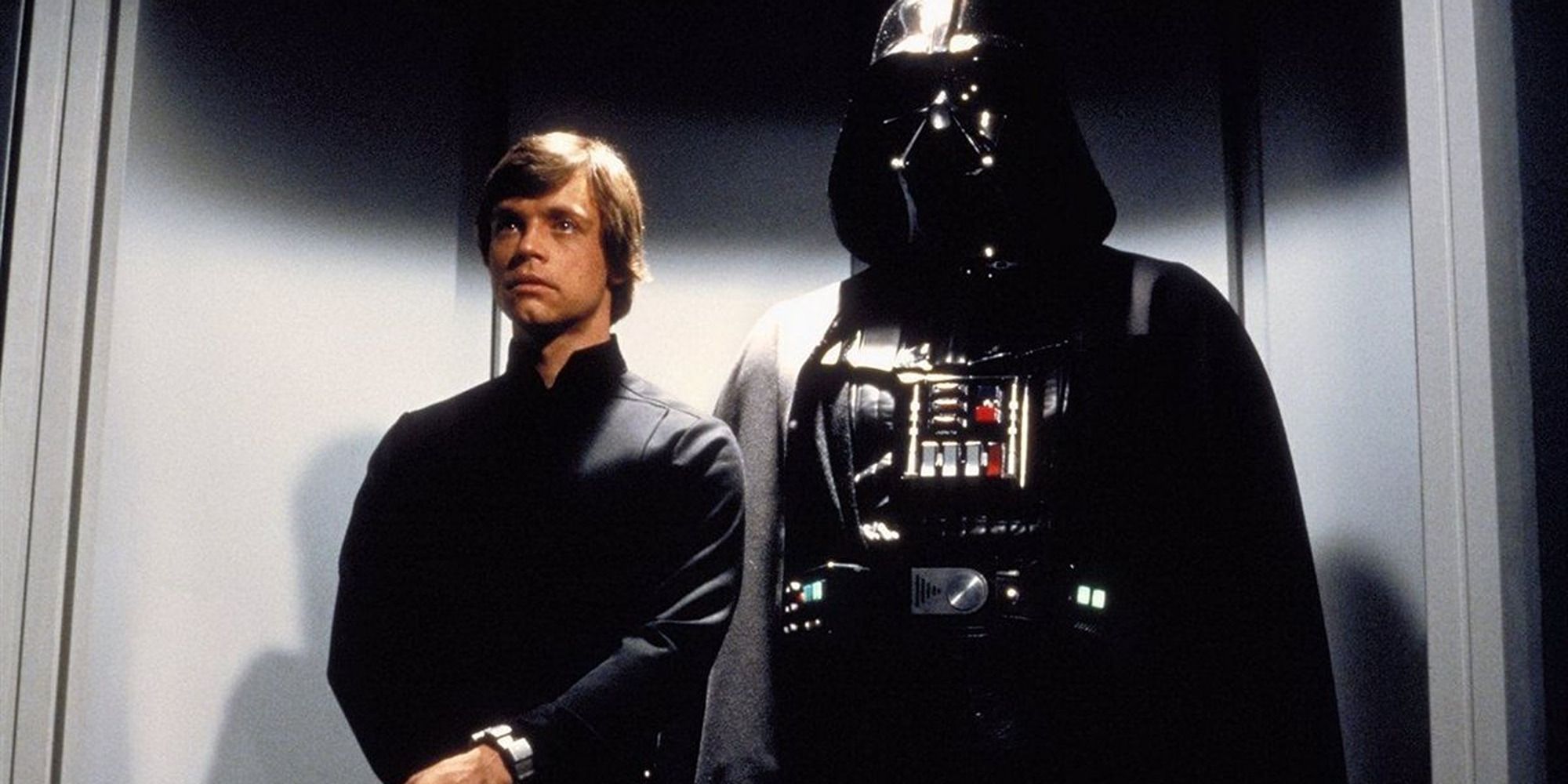 Darth Vader and Luke Skywalker from "Return of the Jedi", looking at the front