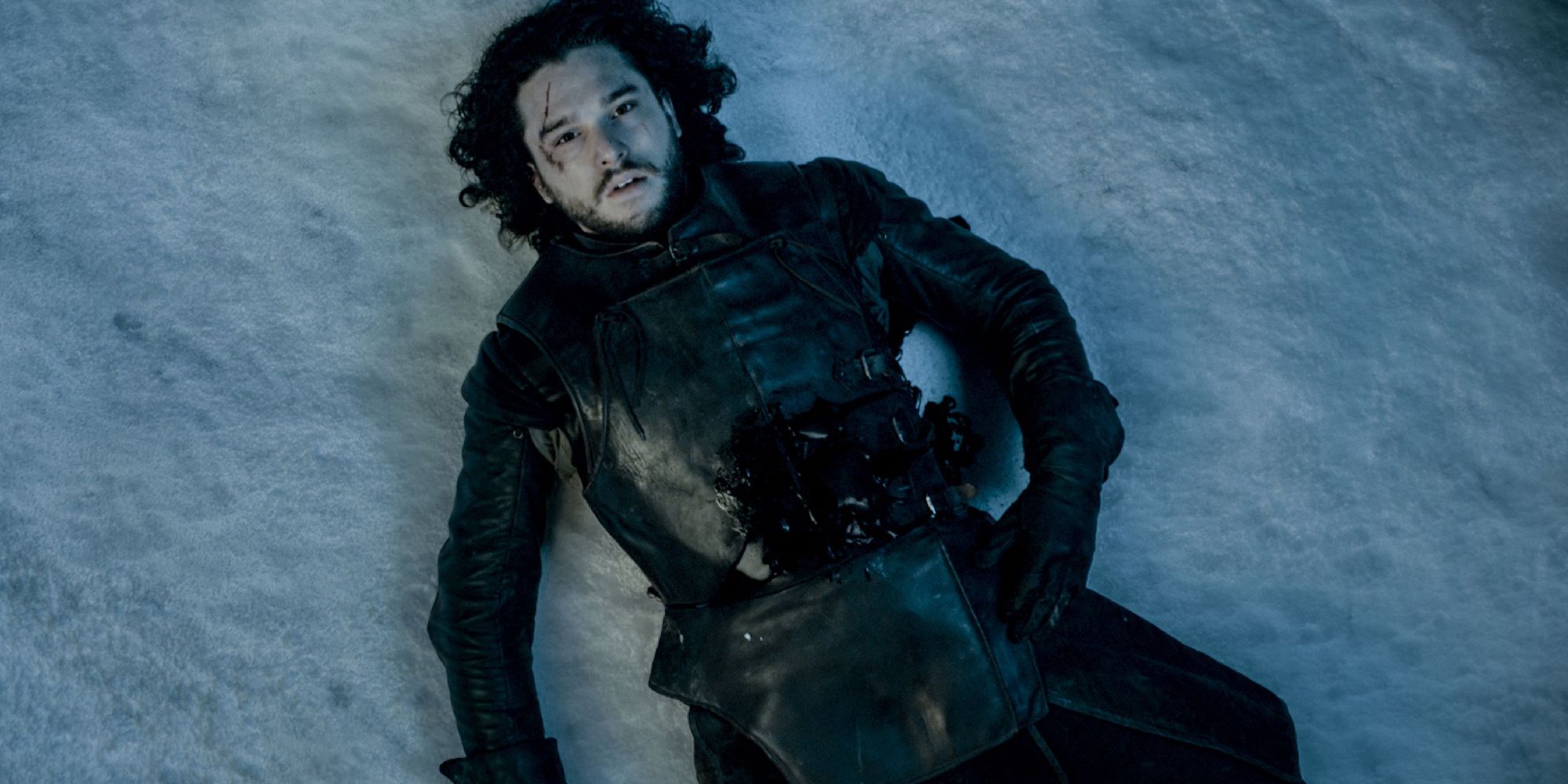 Jon Snow lies on the snow dying in the final shot of Game of Thrones season five.