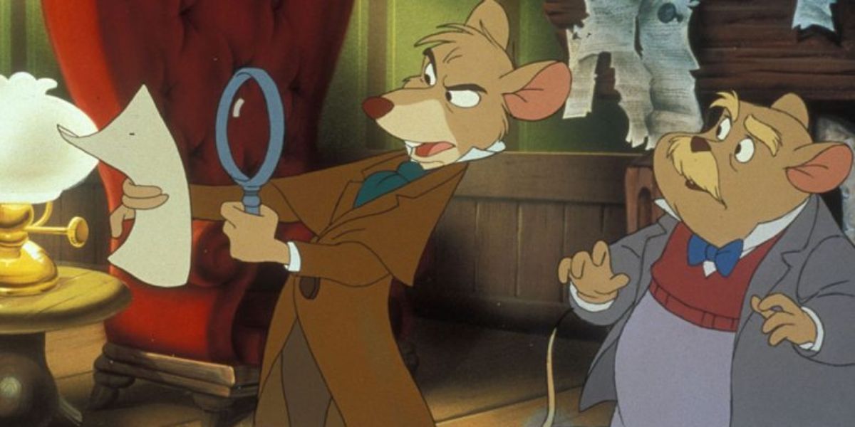 A mouse detective uses a magnifying glass to analyse a piece of paper with an assistant.