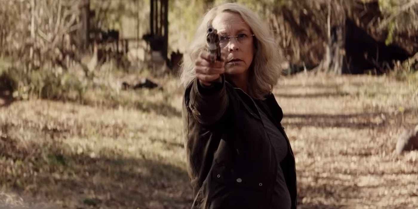 Halloween Laurie Strode aiming a gun Cropped