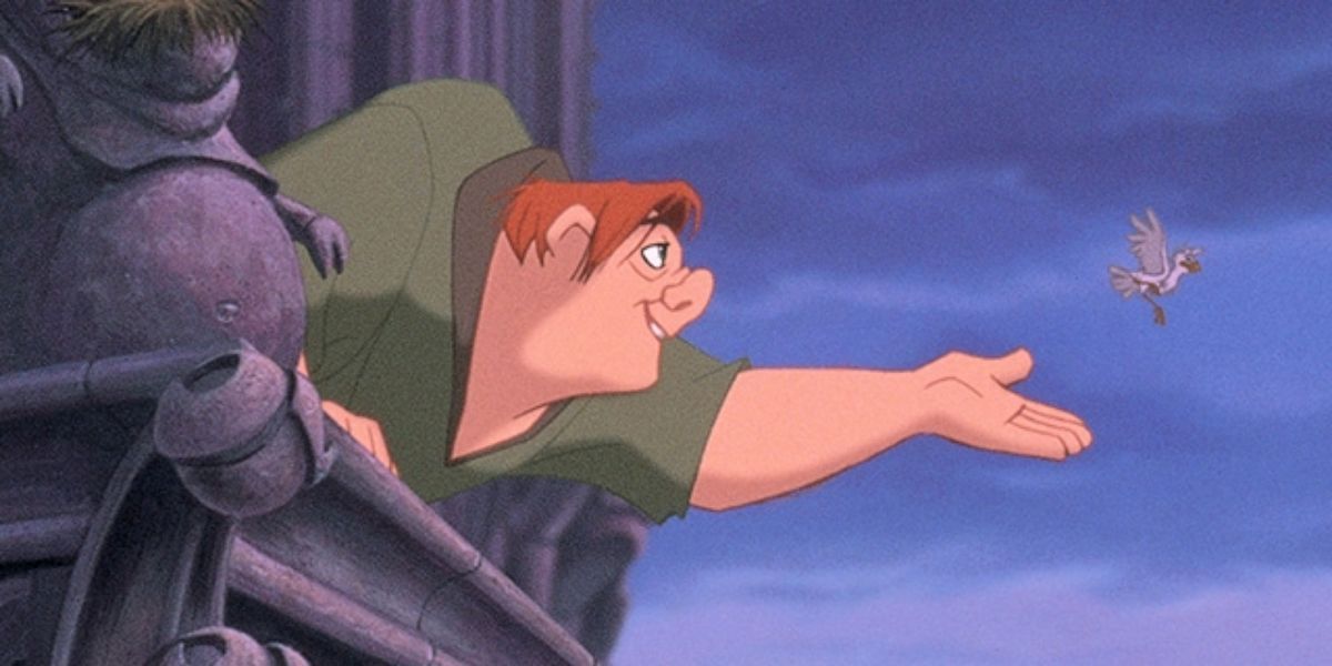 Quasimodo releases a little bird from the top of the belltower.