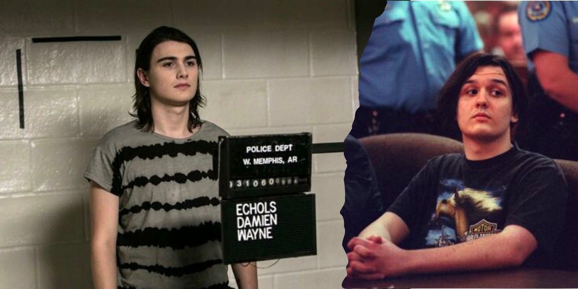 James Hamrick as Damien Echols in Devils Knot and in real life in court