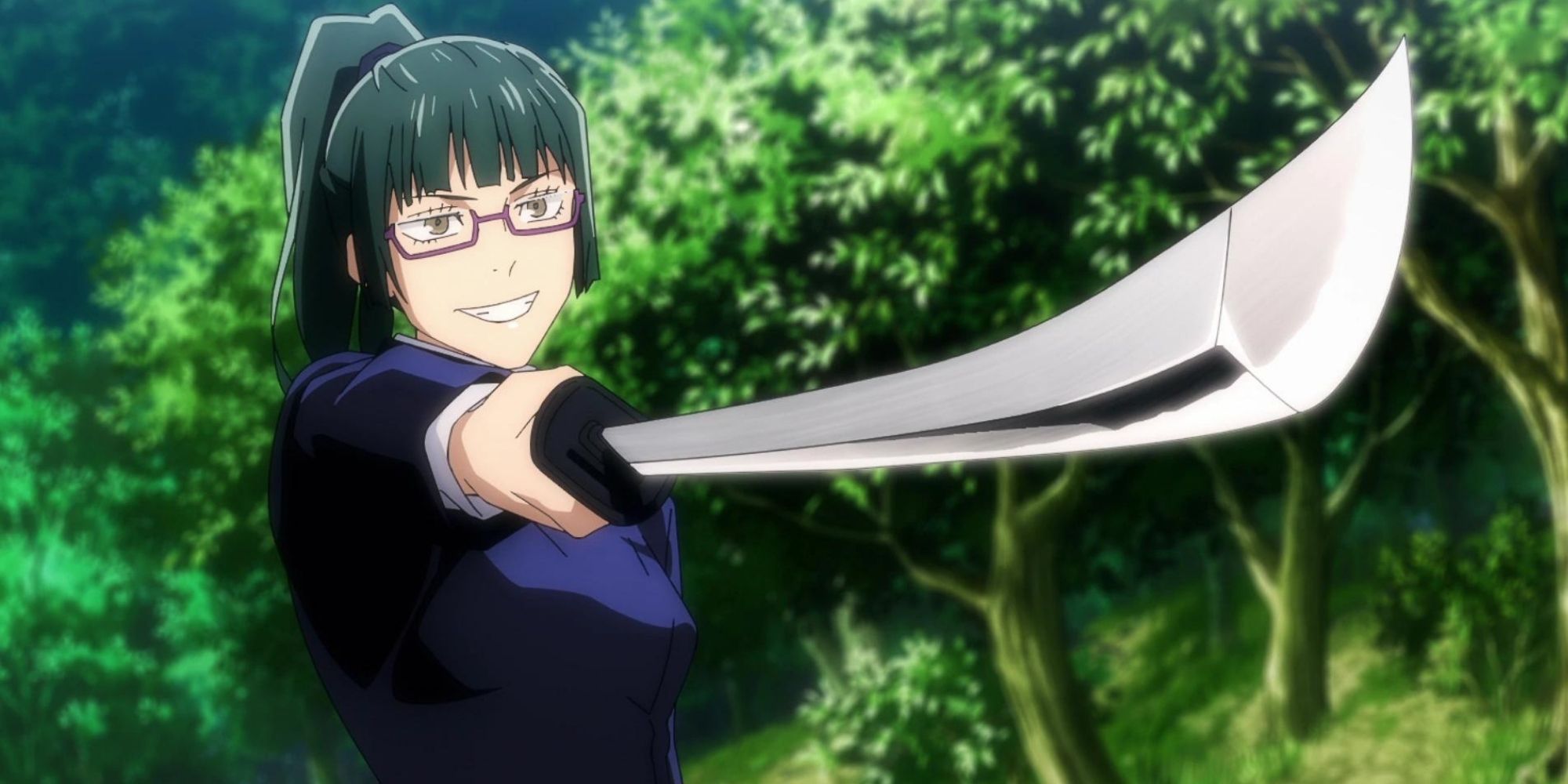 Maki Zenin pointing a sword towards the camera in a forest area in Jujutsu Kaisen