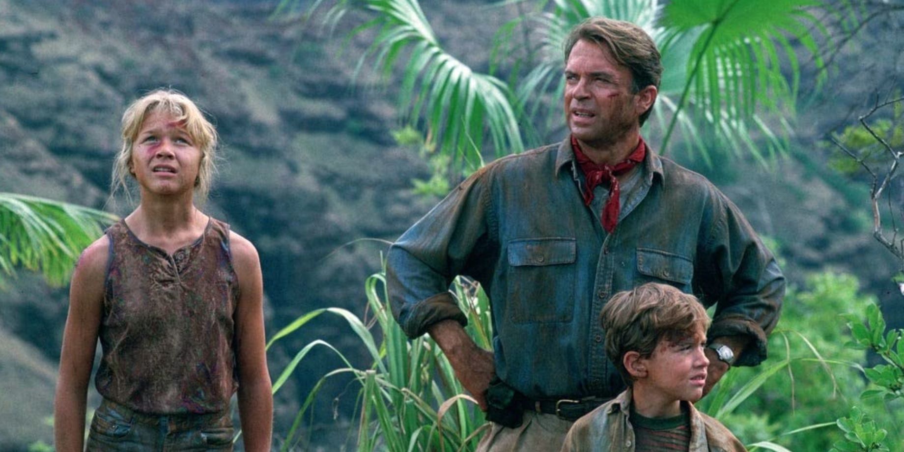 Sam Neill, Ariana Richards, and Joseph Mazzello in Jurassic Park