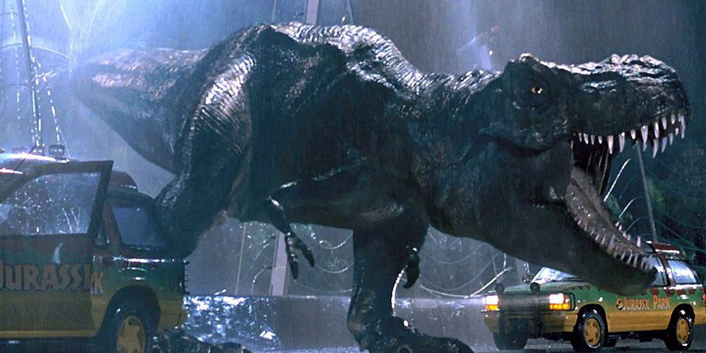 The t-rex is loose in the rain in Jurassic Park