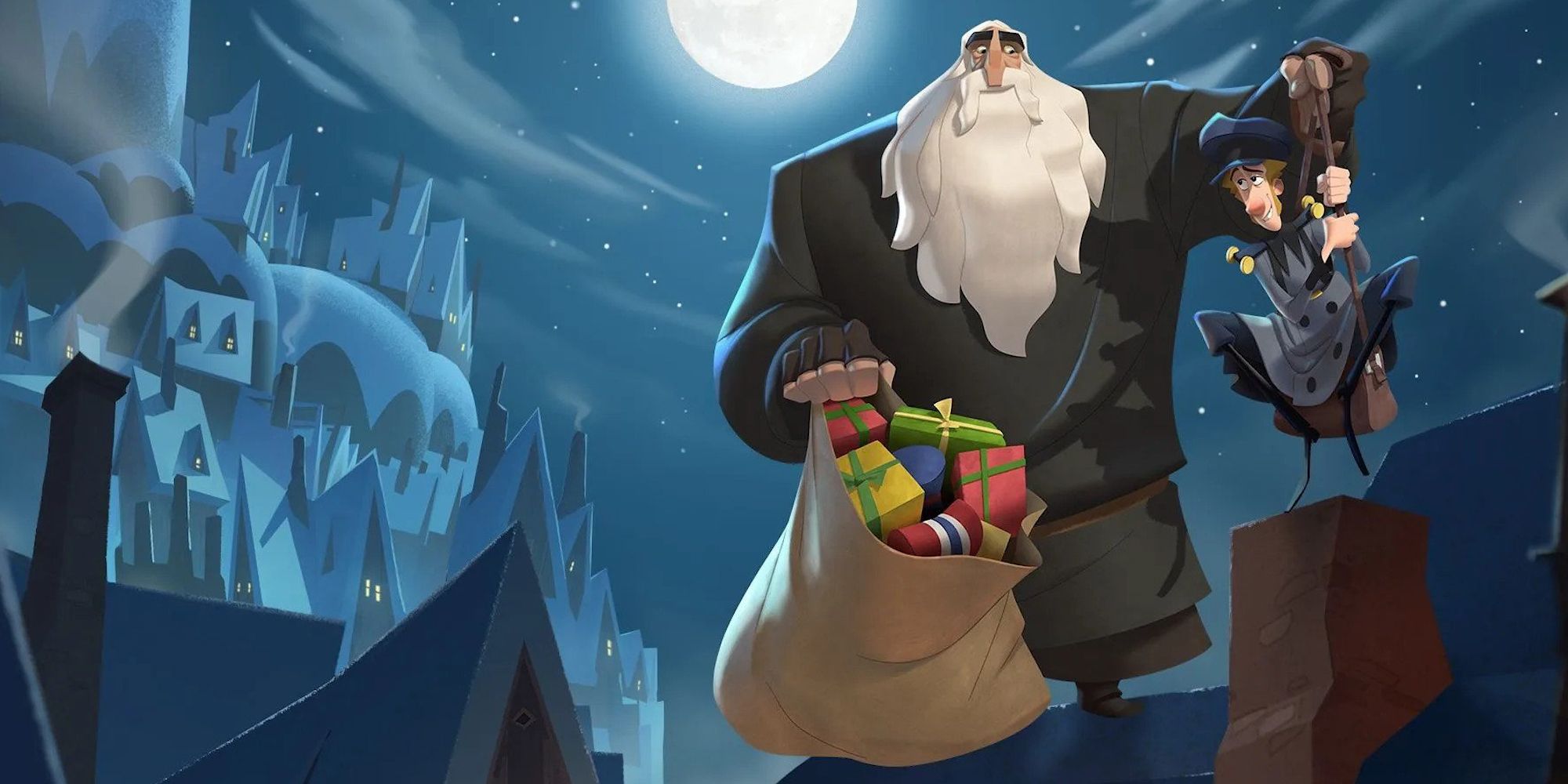 A large man holding a smaller man and a sack of presents